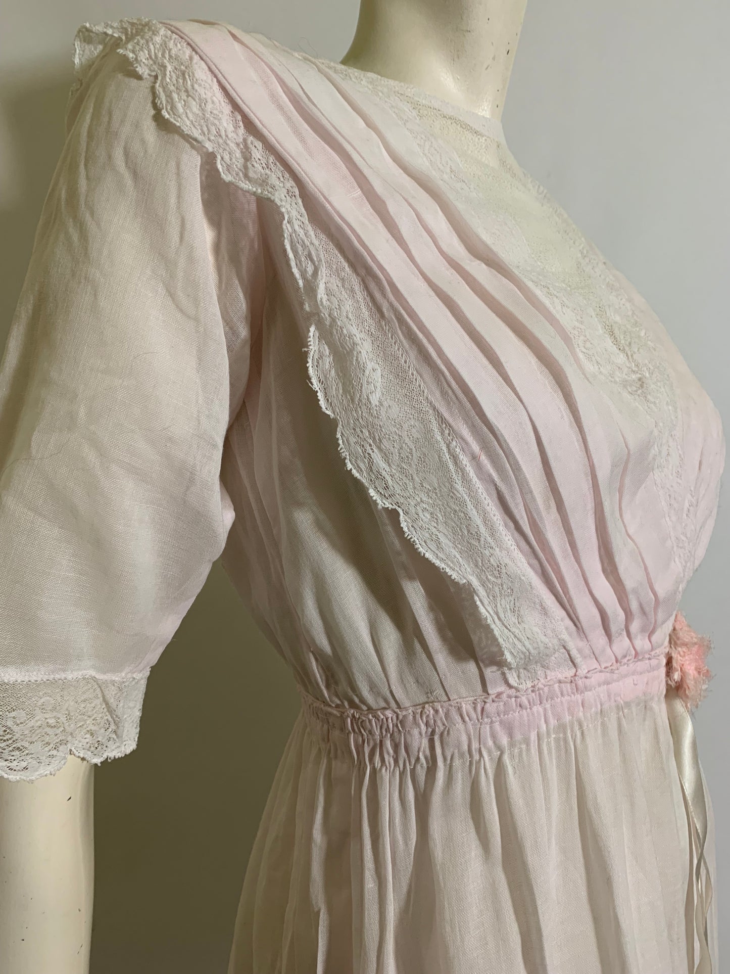 Palest Petal Pink Semi-Sheer Pink Cotton Edwardian Dress with Rosettes and Ribbon circa 1910s