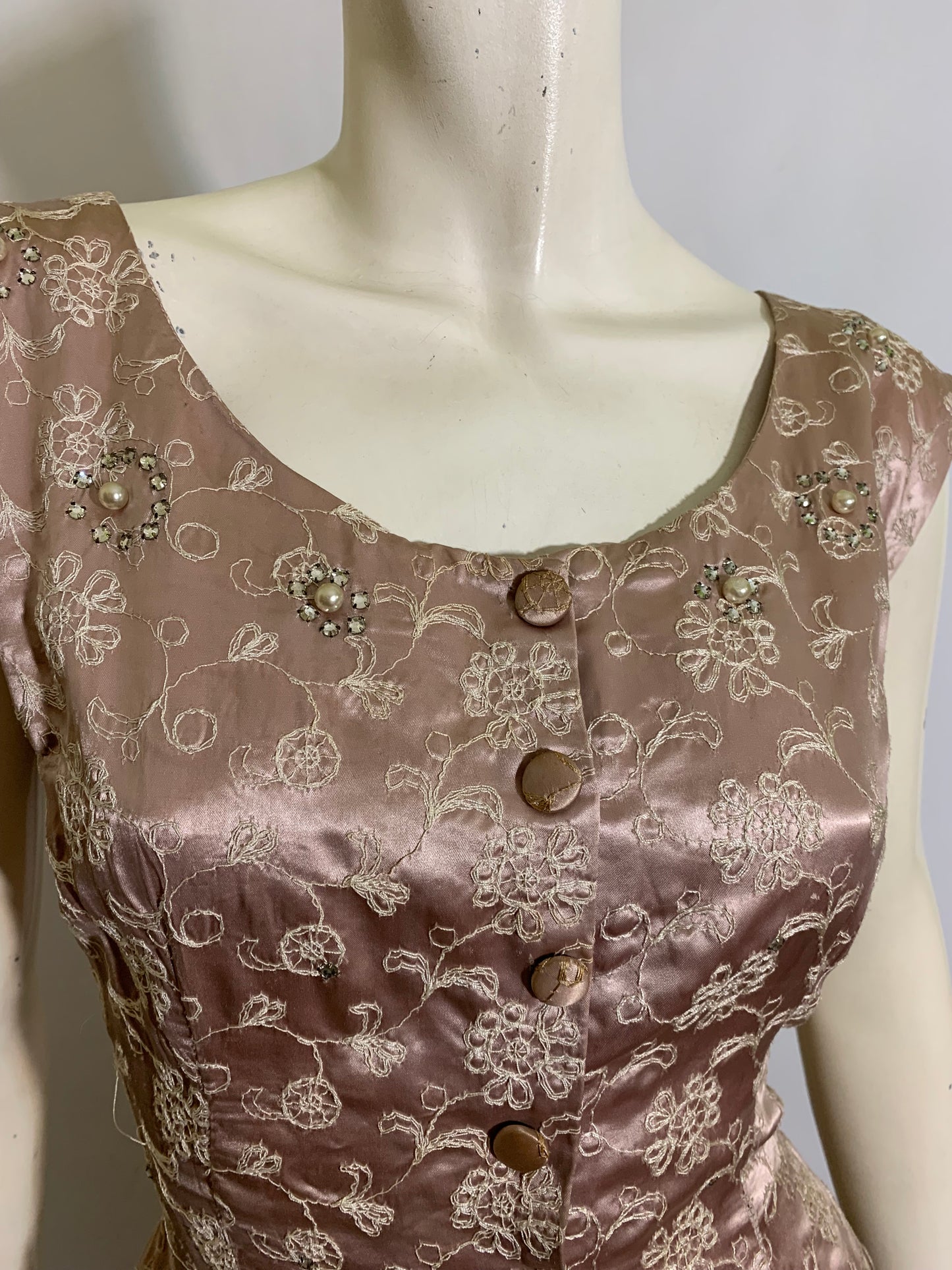 Antique Pale Pink Satin Embroidered Party Dress with Rhinestones circa 1950s