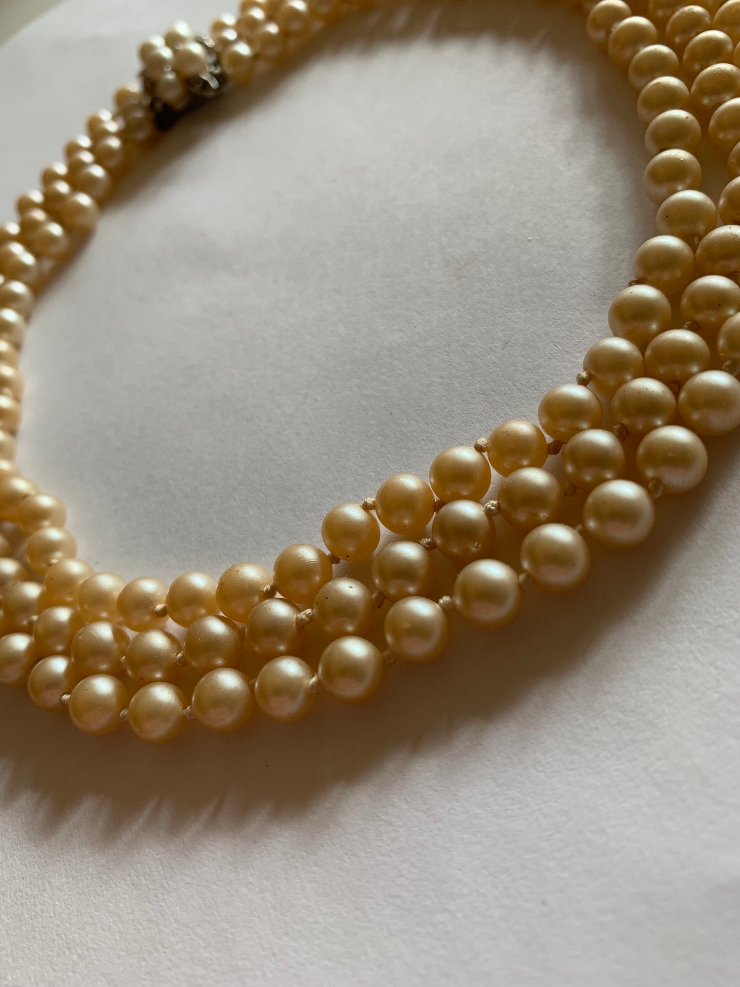 Triple Strand Faux Pearl Necklace with Rhinestones circa 1930s