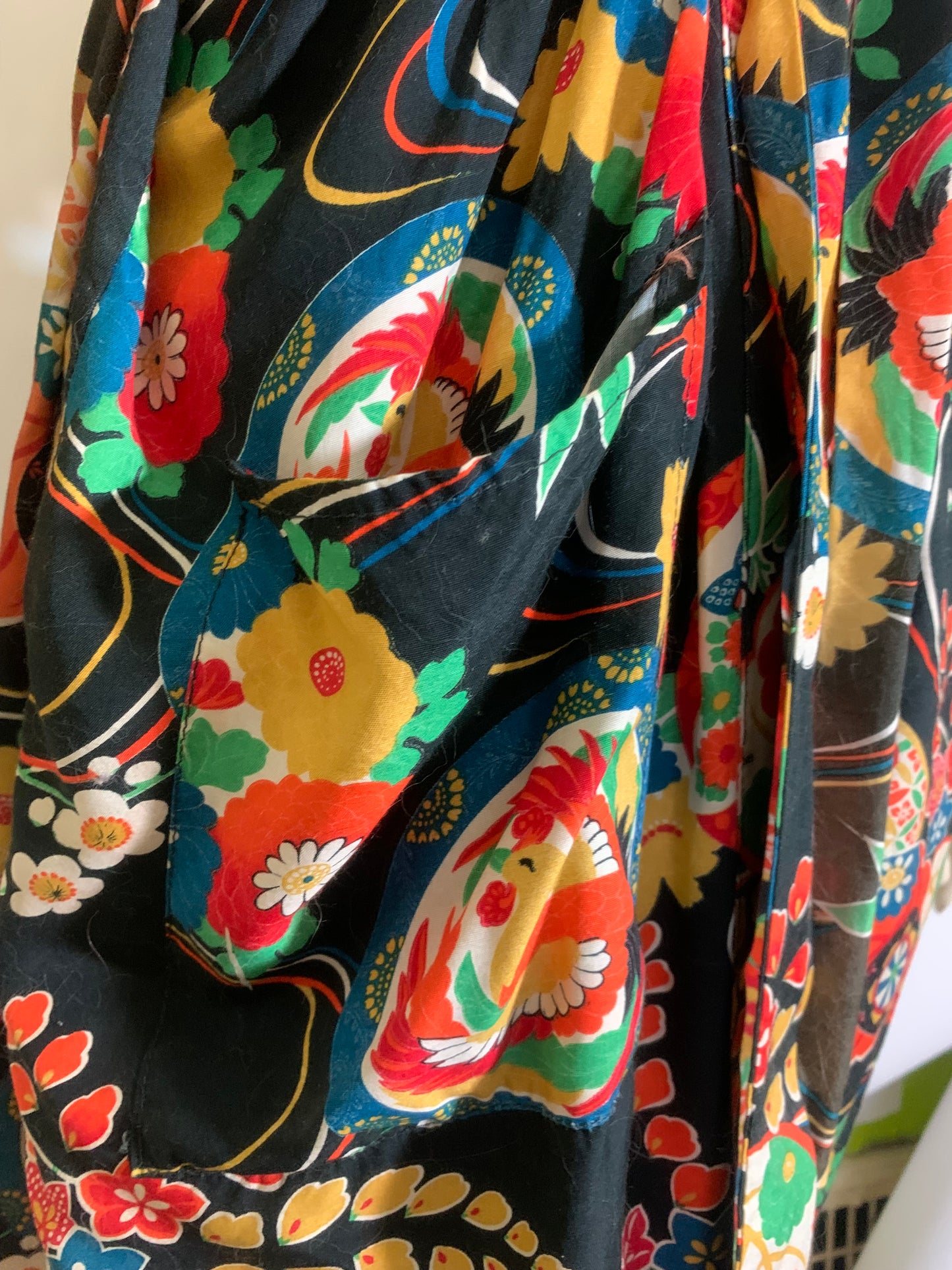 Japanese Bird and Flower Print Black Rayon Robe circa 1940s