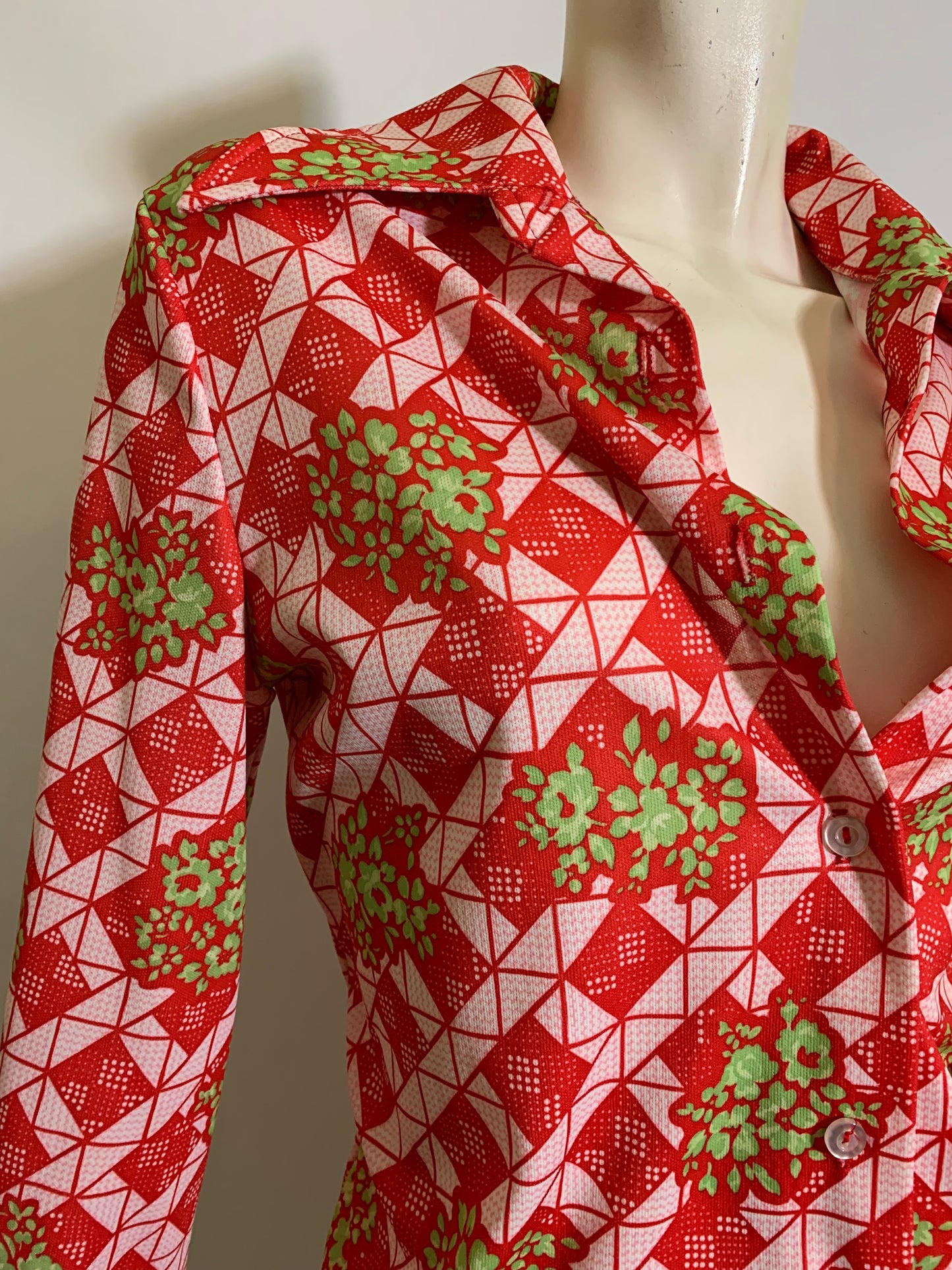 Red and Green Hydrangea Print Polyester Blouse circa 1970s