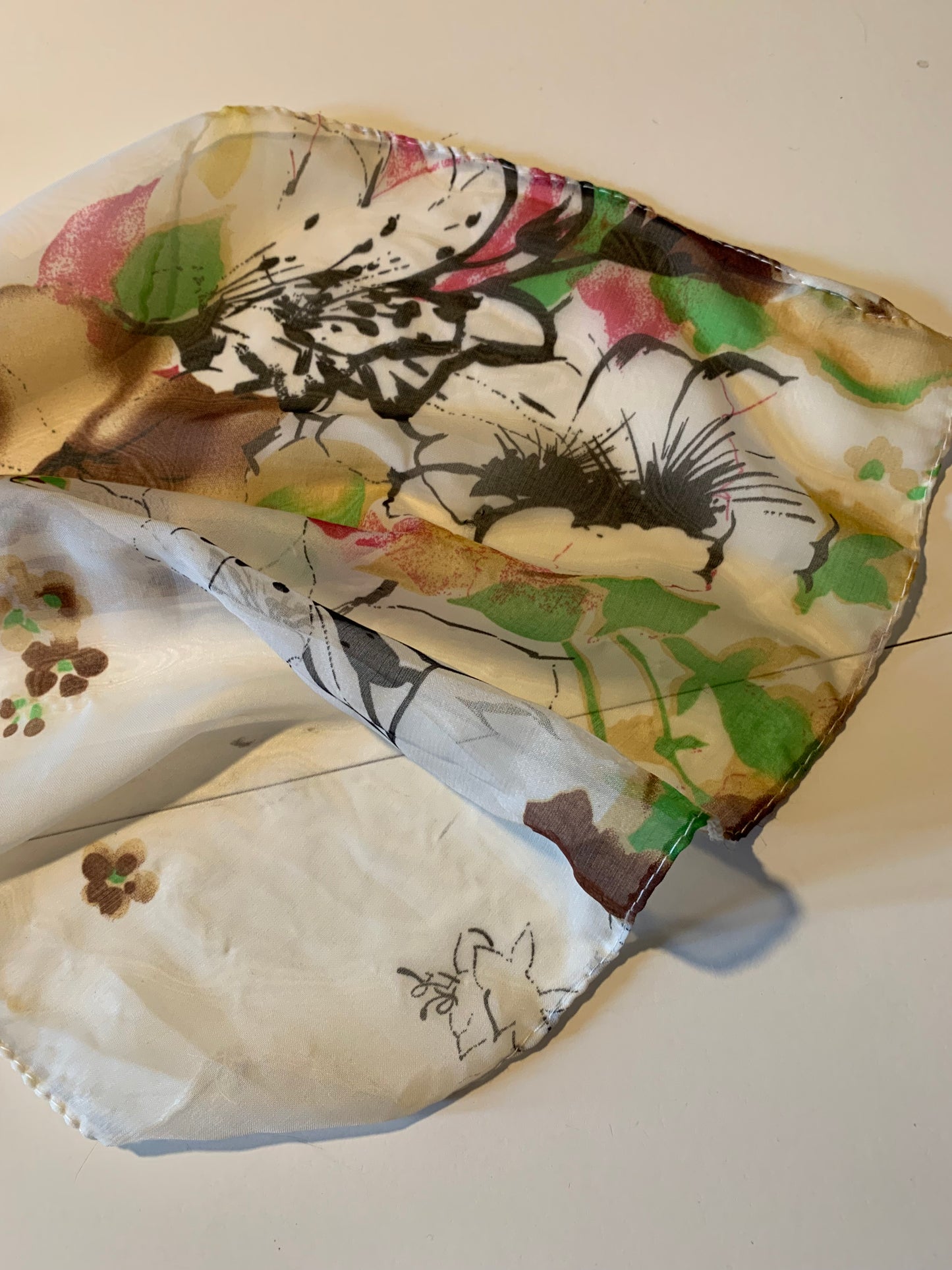 Artsy Floral Print Oblong Chiffon Scarf circa 1960s