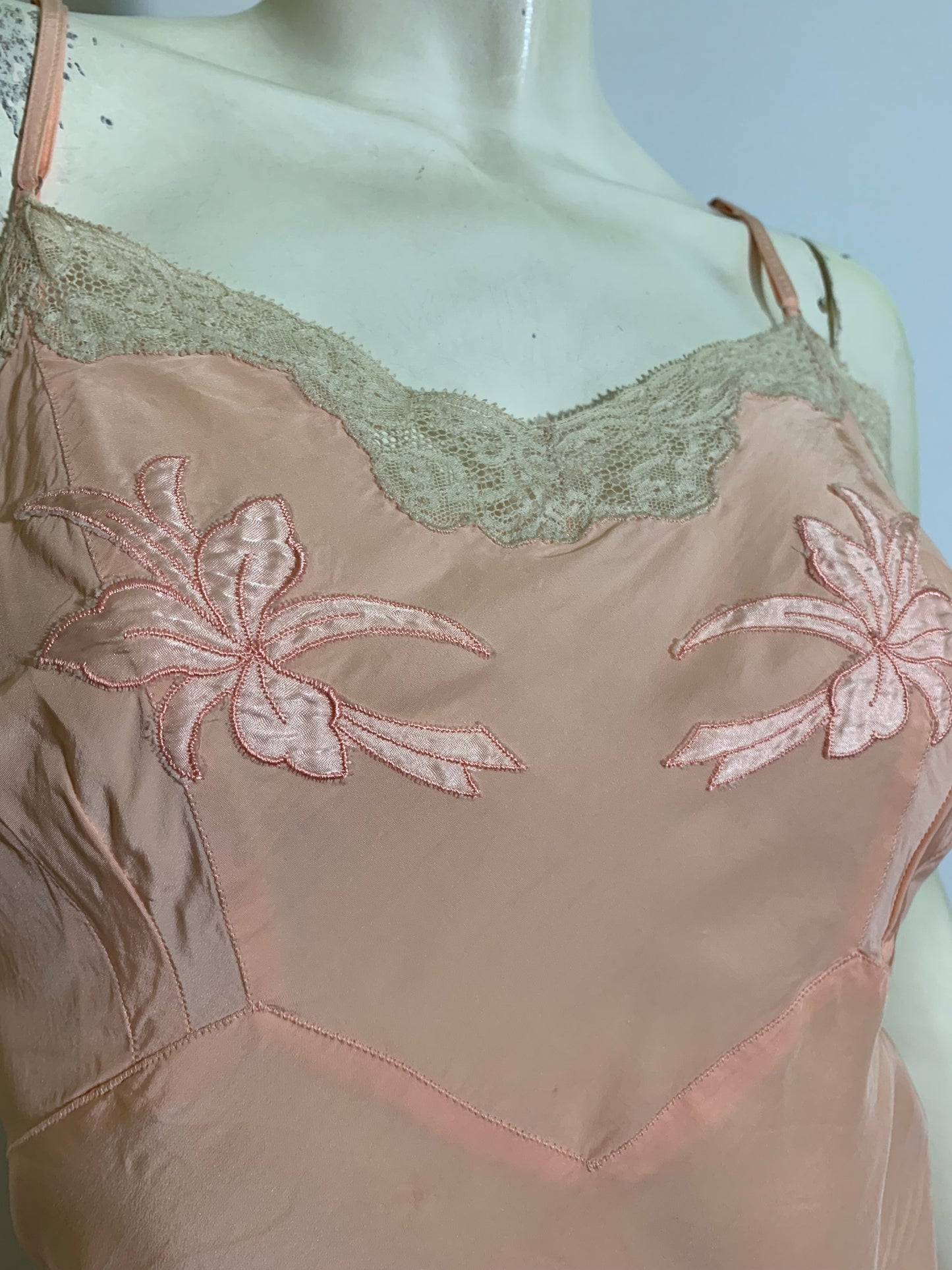 Peach Embroidered & Lace Trimmed Full Slip circa 1940s