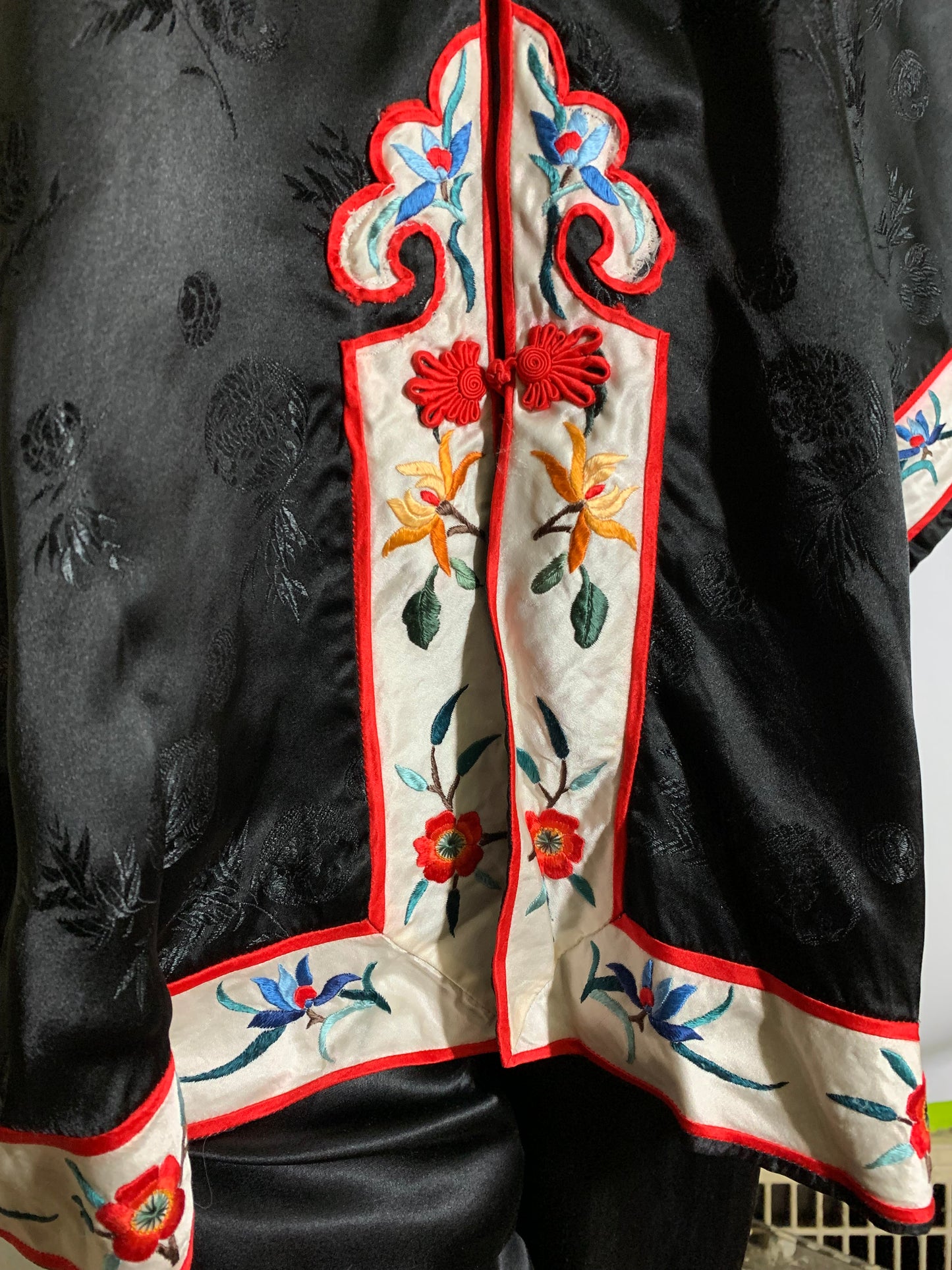 Embroidered Black Rayon Chinese Embroidered Pajamas circa 1960s XL