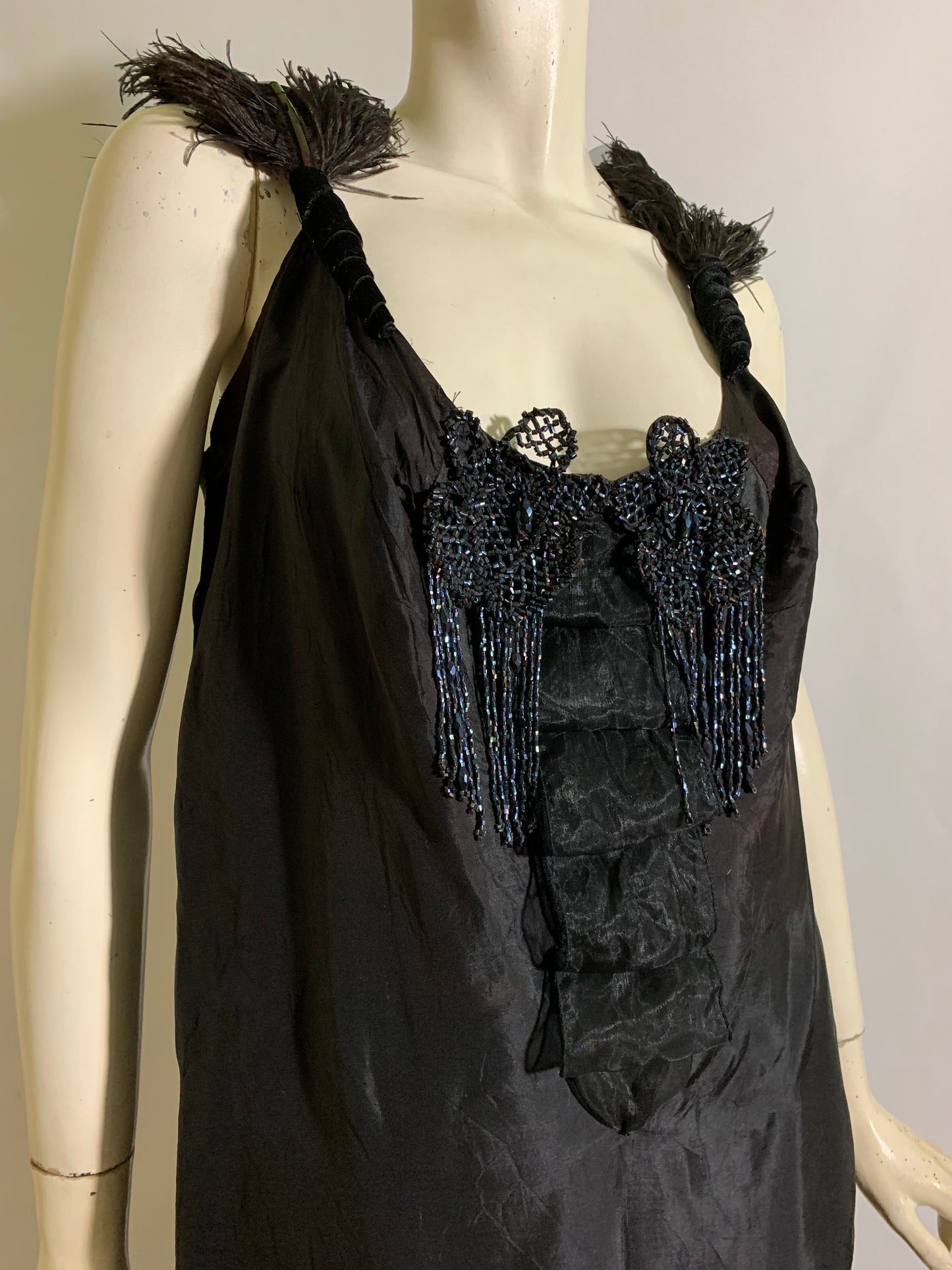 Lady Windermere Reimagined 1920s Black Silk Dress with Victorian Glass Beading Ostrich Feathers and Blue Ribbon L
