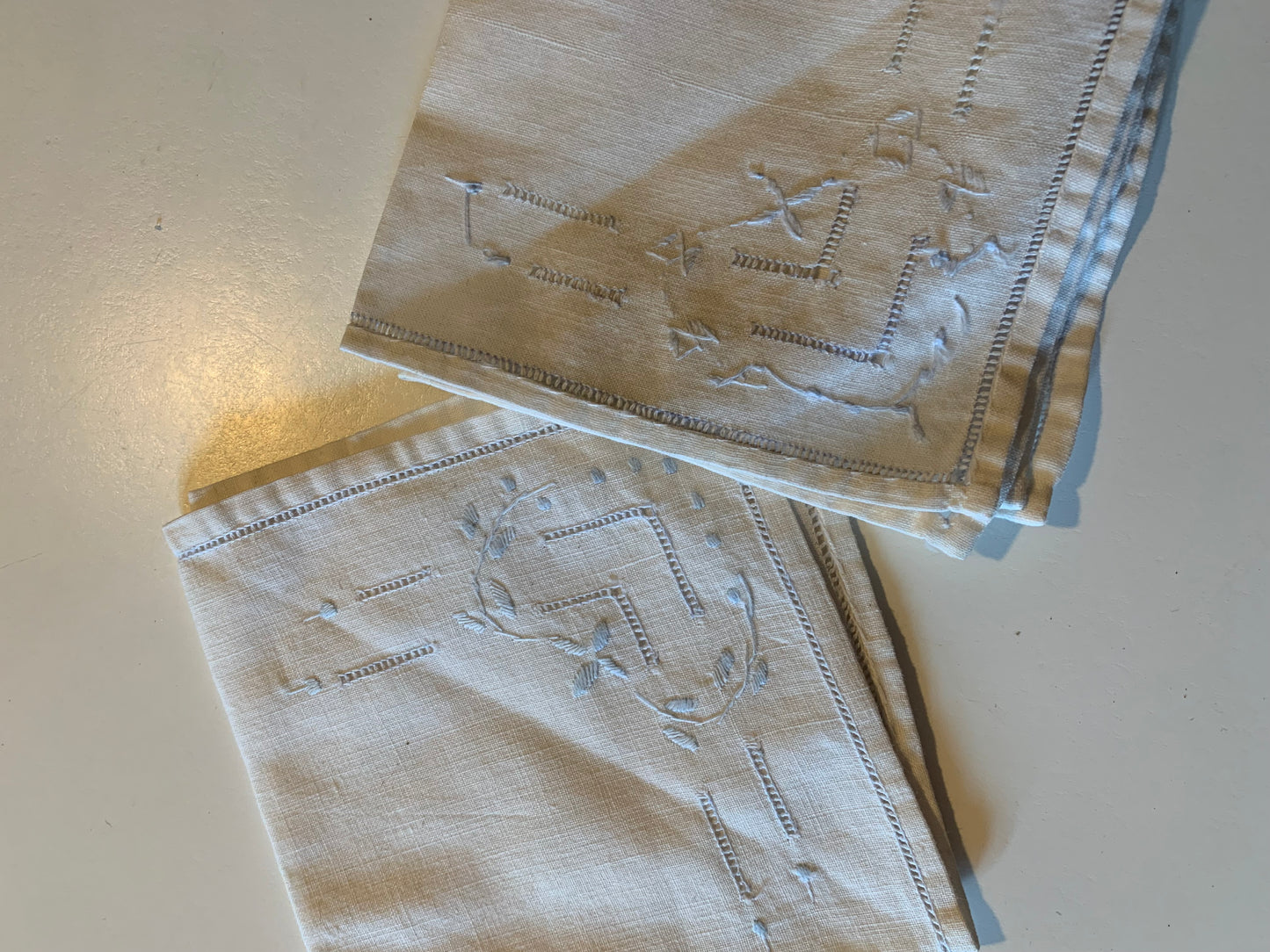 Set 2 White Handkerchiefs Light Blue Embroidery circa 1940s