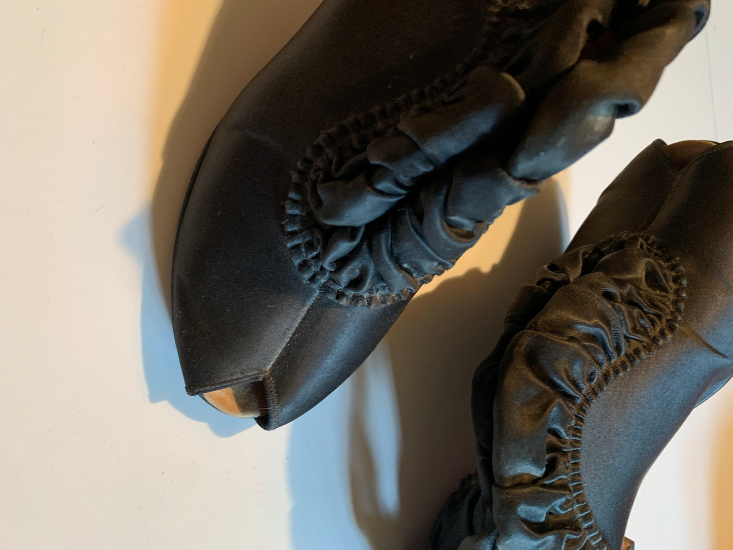 Black Satin Ruffled Slingback Boudoir Slippers Shoes "Frou Frou" circa 1930s