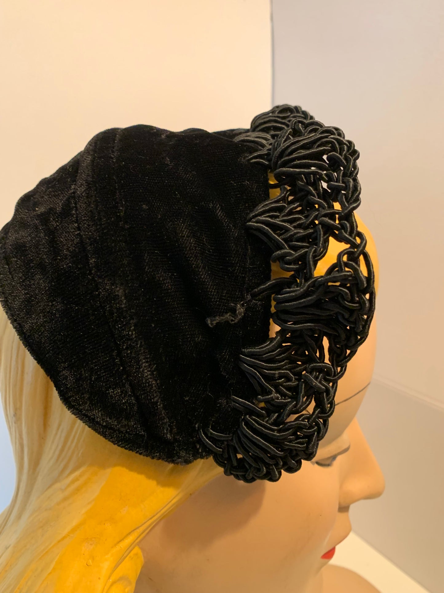 Black Velvet and Braided Cord Lace Headband Hat circa 1950s