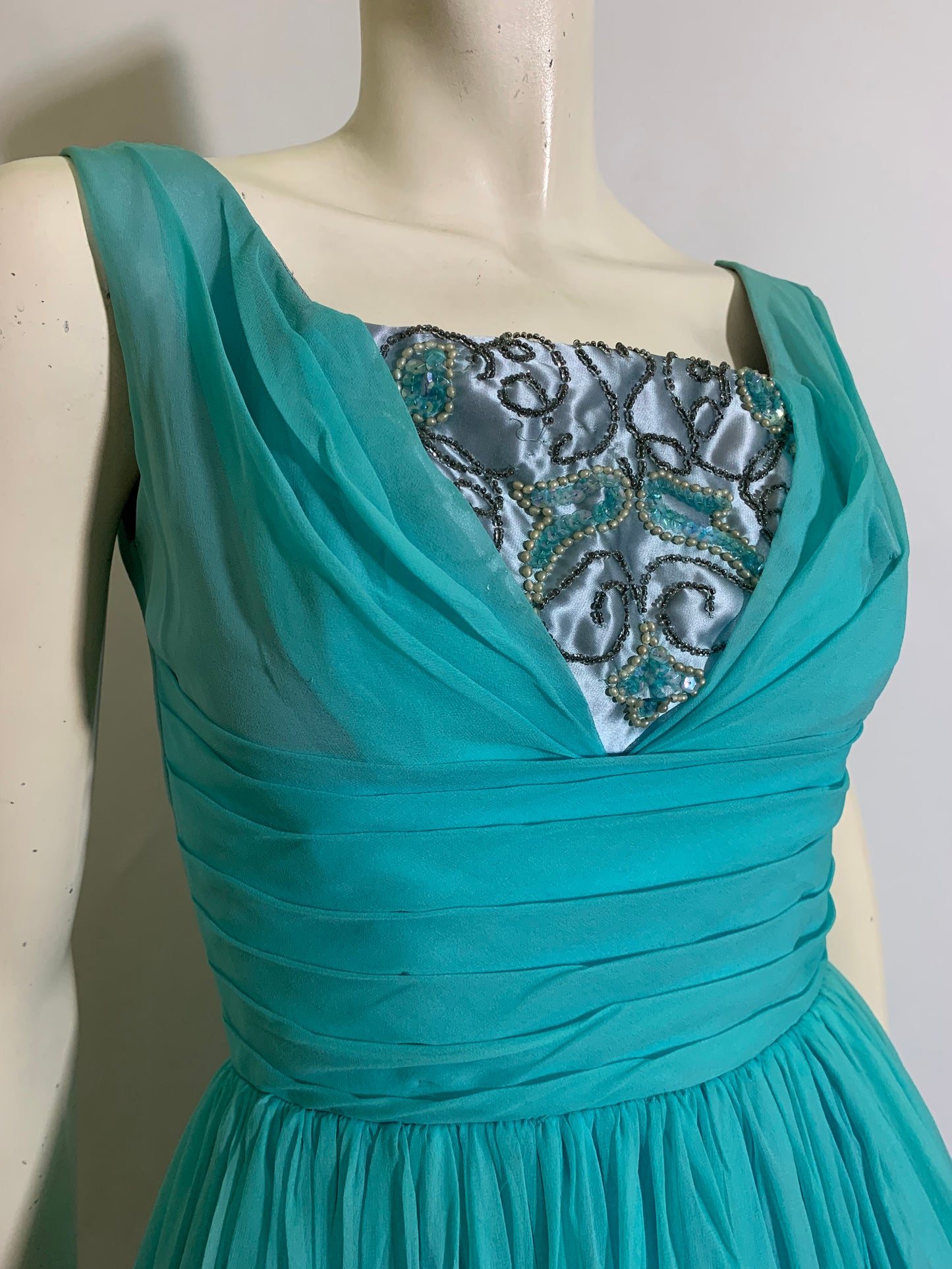 Turquoise Silk Chiffon Skirted Dress with Beading and Sequins circa 1960s