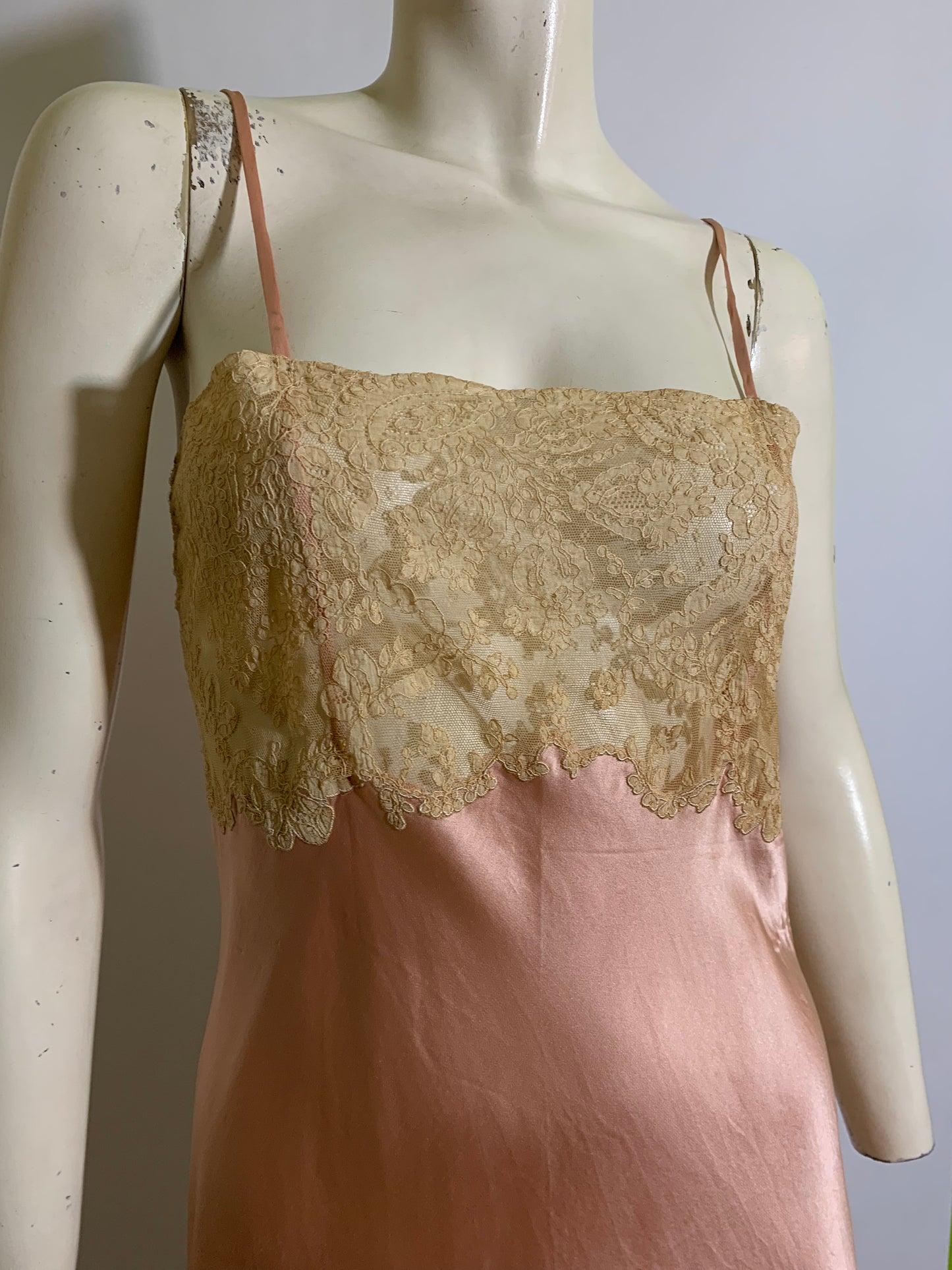 French Apricot Silk and Ecru Lace Cut Work Hem Slip circa 1930s