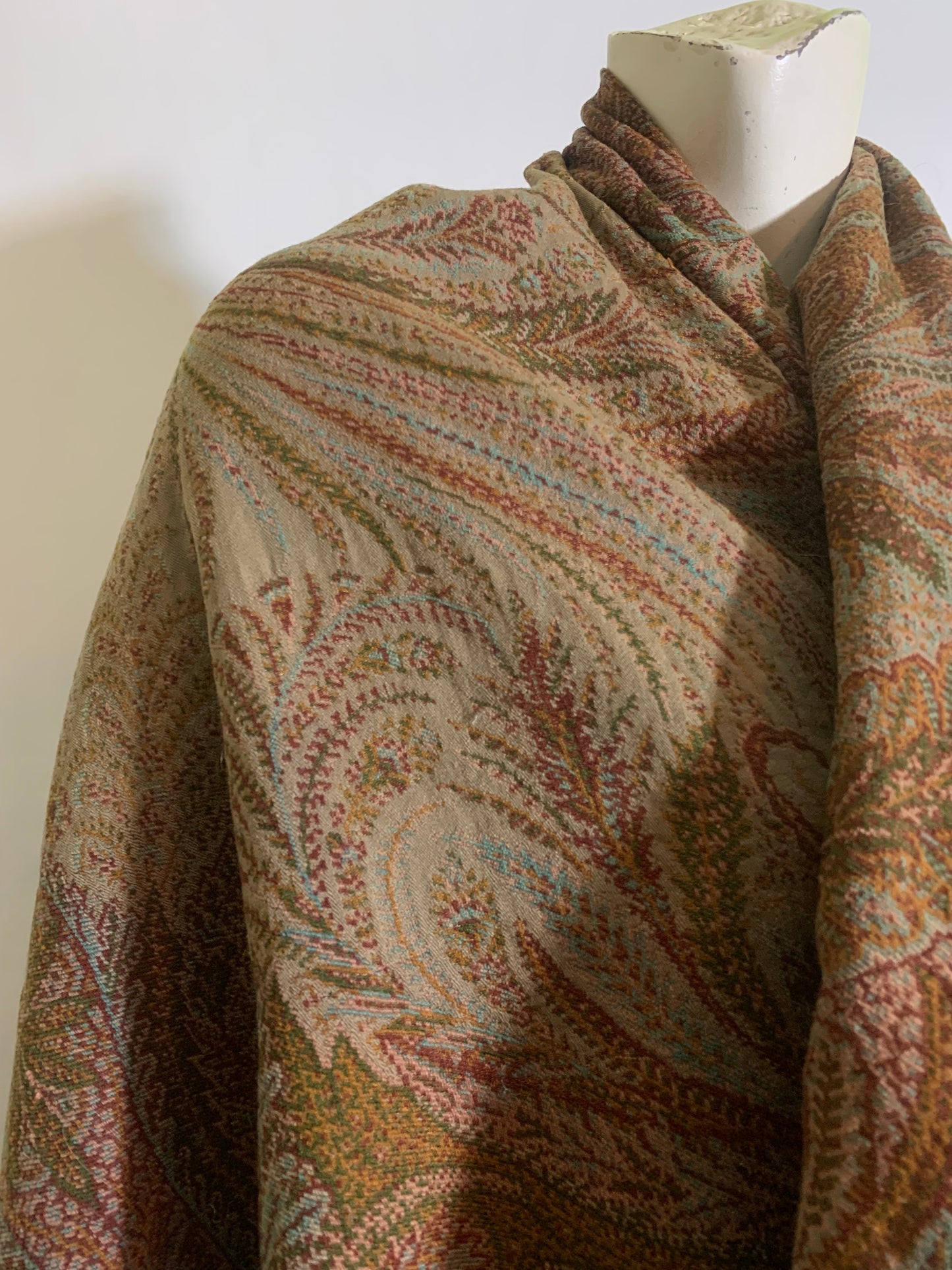 Turn of the Century Sage Green and Terra Cotta Paisley Brocade Wool Shawl circa 1900