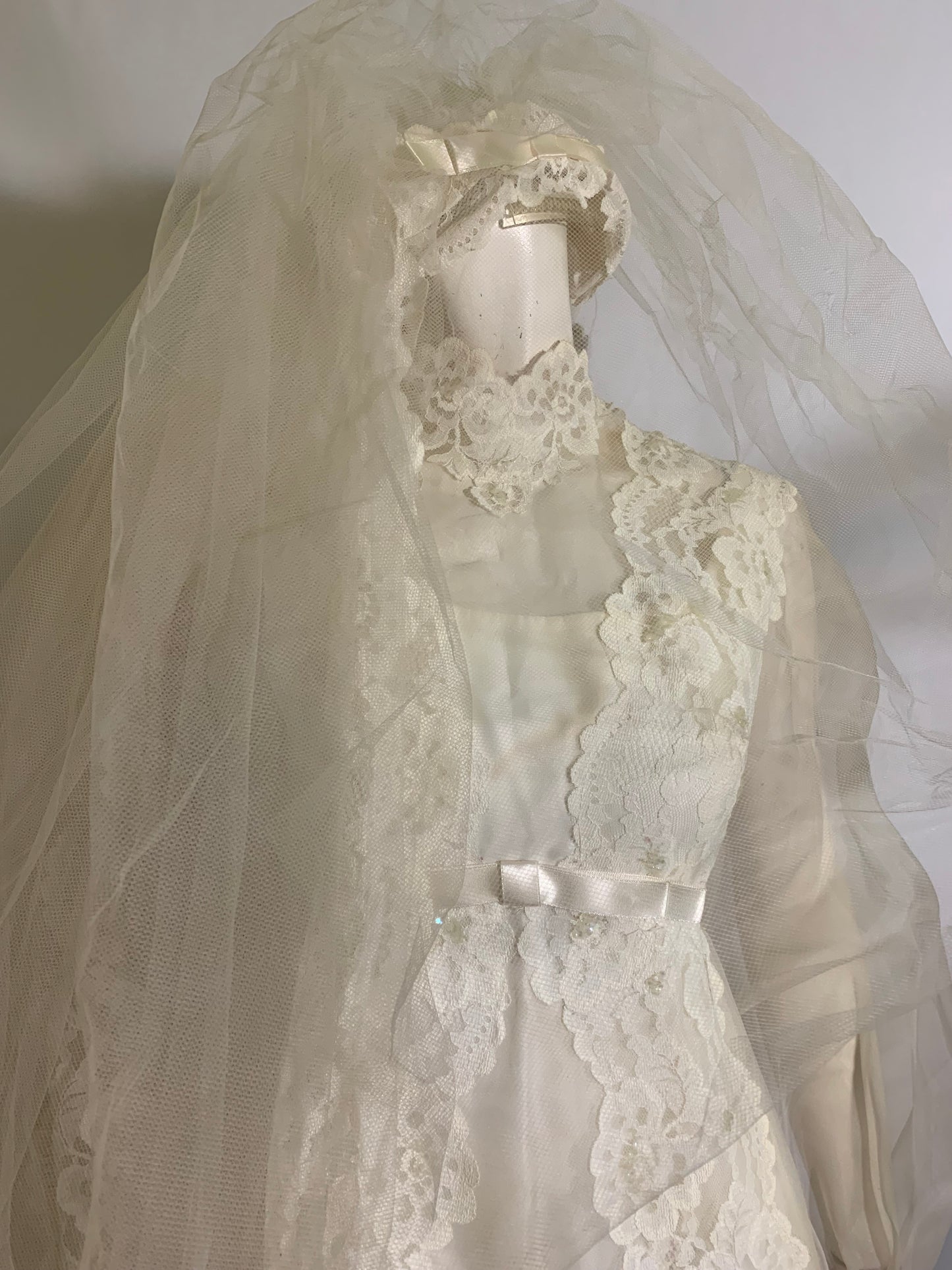 Regency Inspired Empire Waist Lace Trimmed Wedding Dress & Long Veil circa 1960s