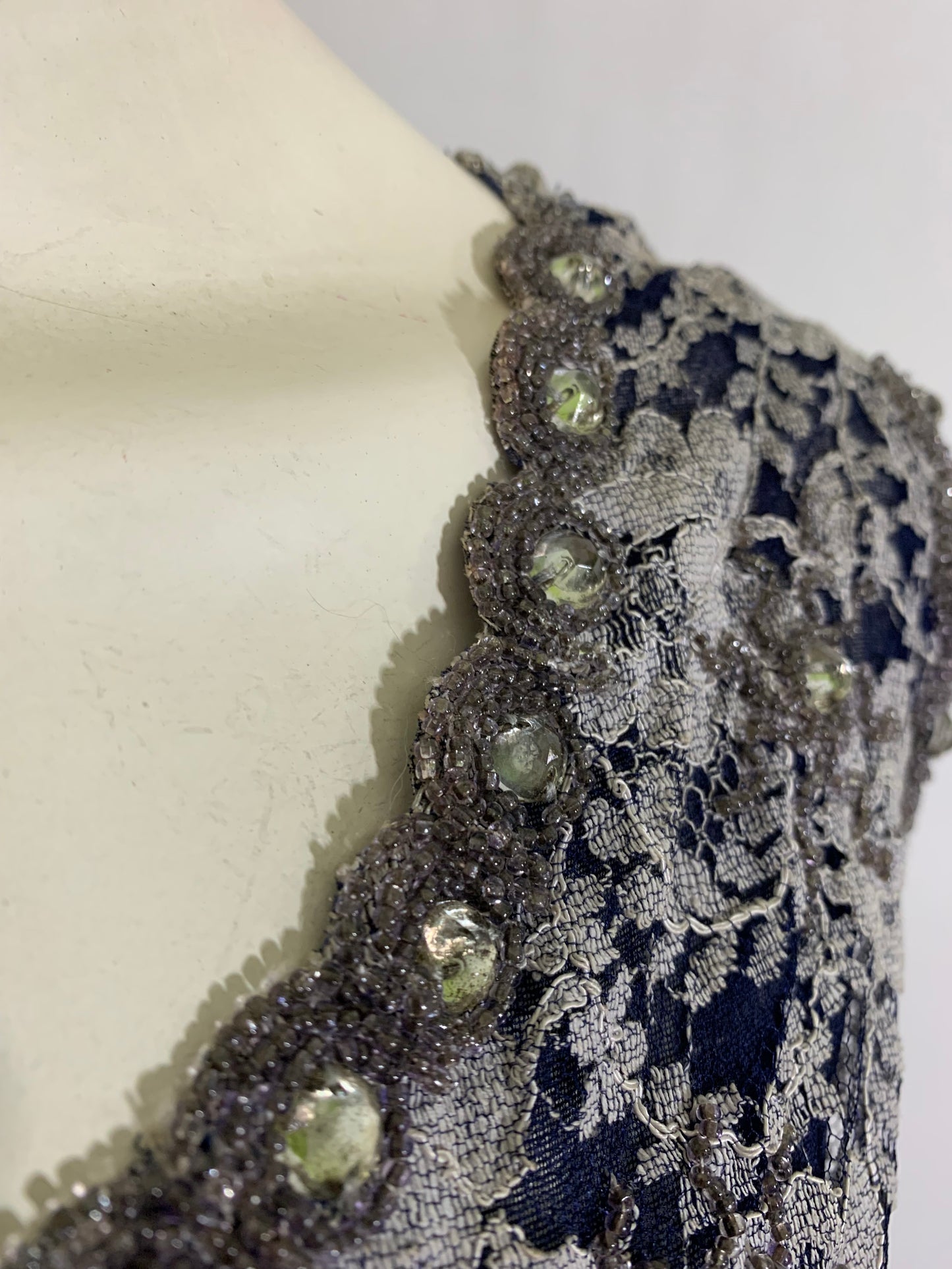 Deep Blue and White Lace Full Skirt Party Dress with Beading and Rhinestones circa 1950s