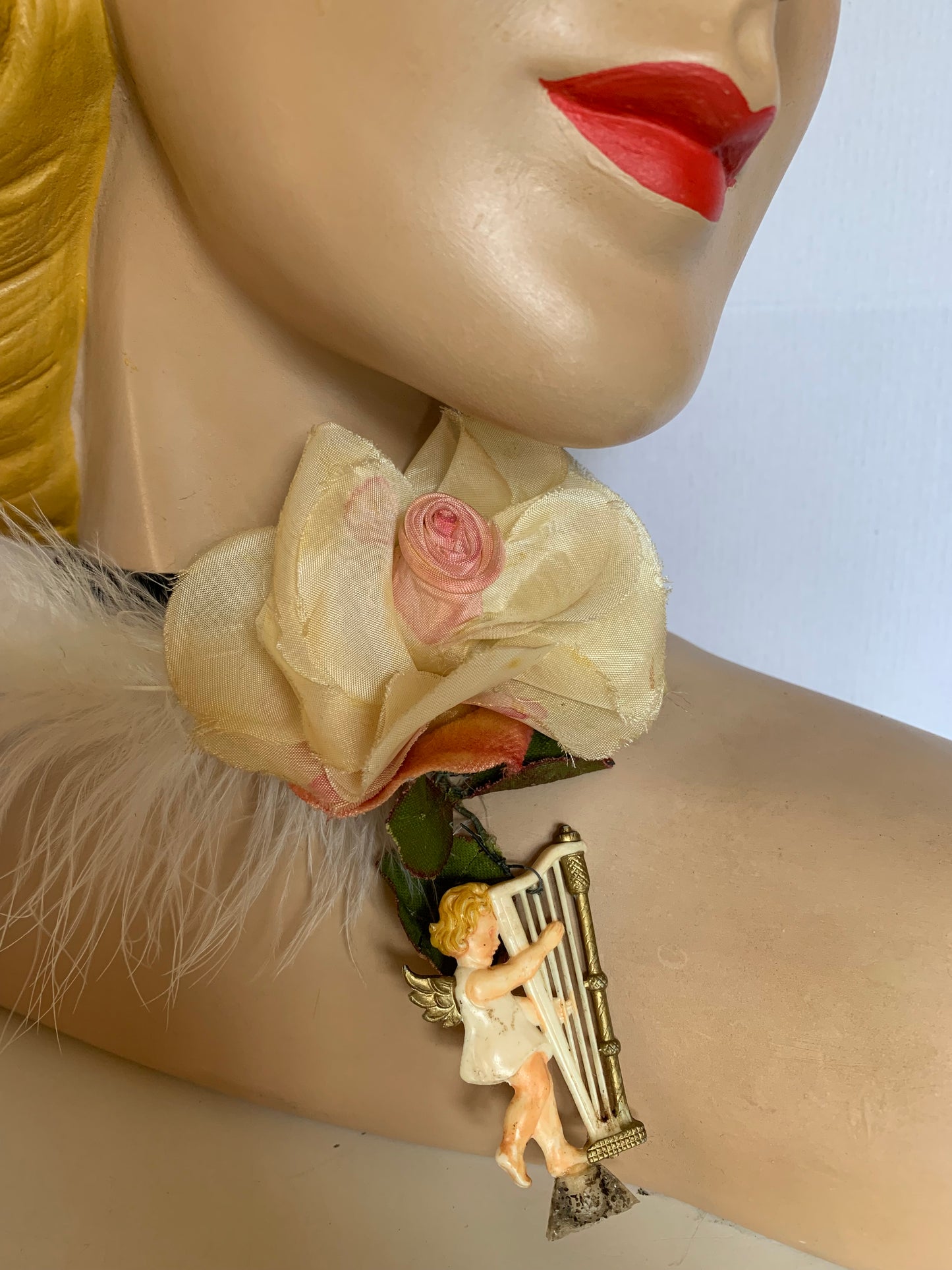 Earthly Delight Reimagined Antique Black Velvet Ribbon Choker with Harp Playing Cherub, Rose and Feather