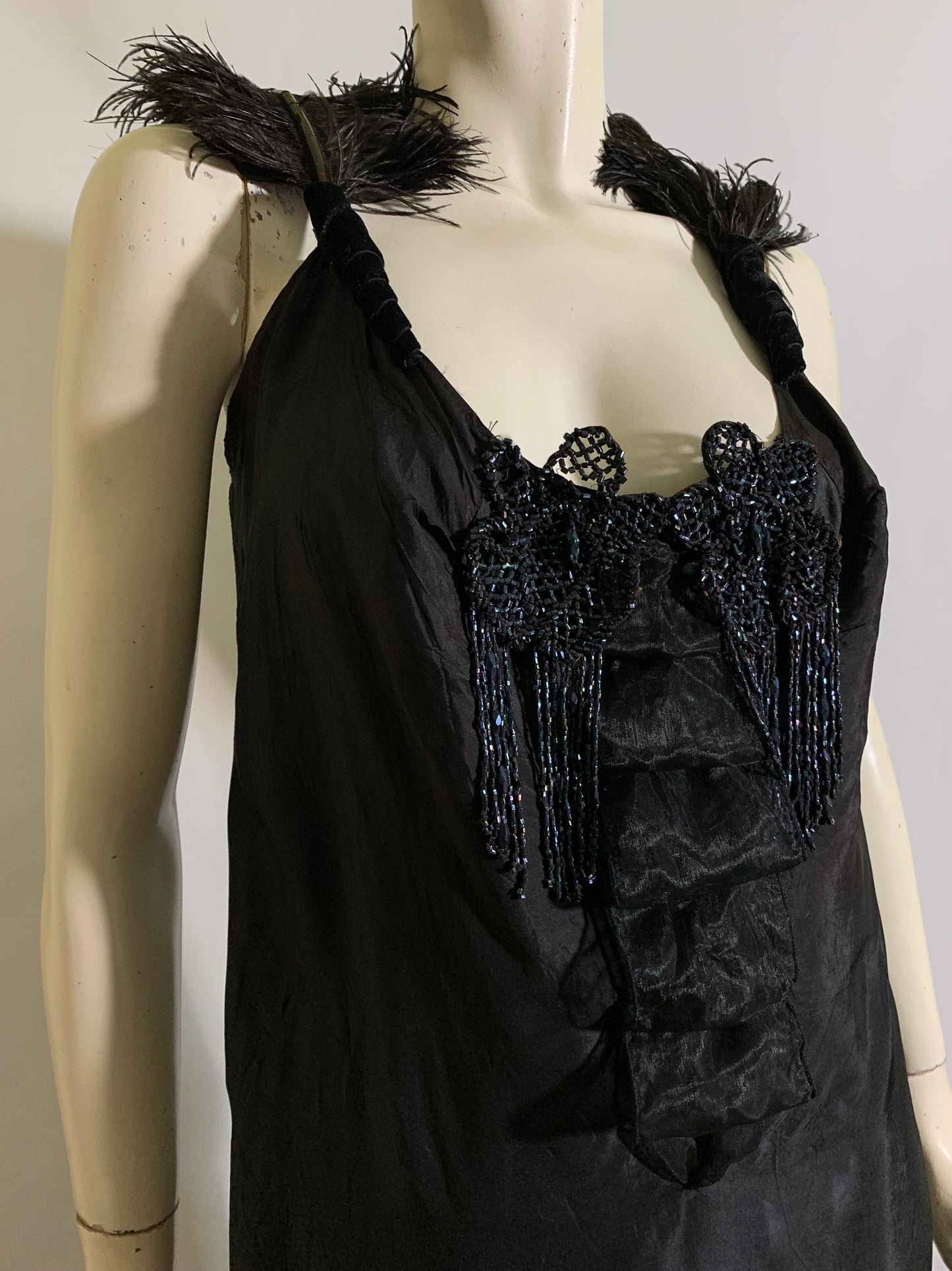 Lady Windermere Reimagined 1920s Black Silk Dress with Victorian Glass Beading Ostrich Feathers and Blue Ribbon L