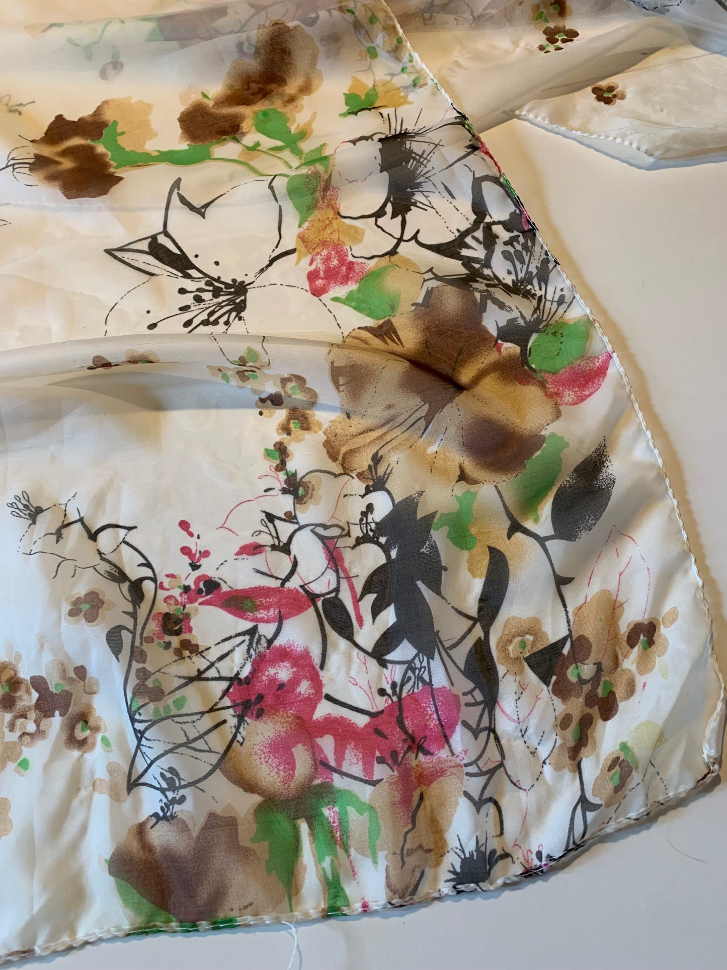 Artsy Floral Print Oblong Chiffon Scarf circa 1960s