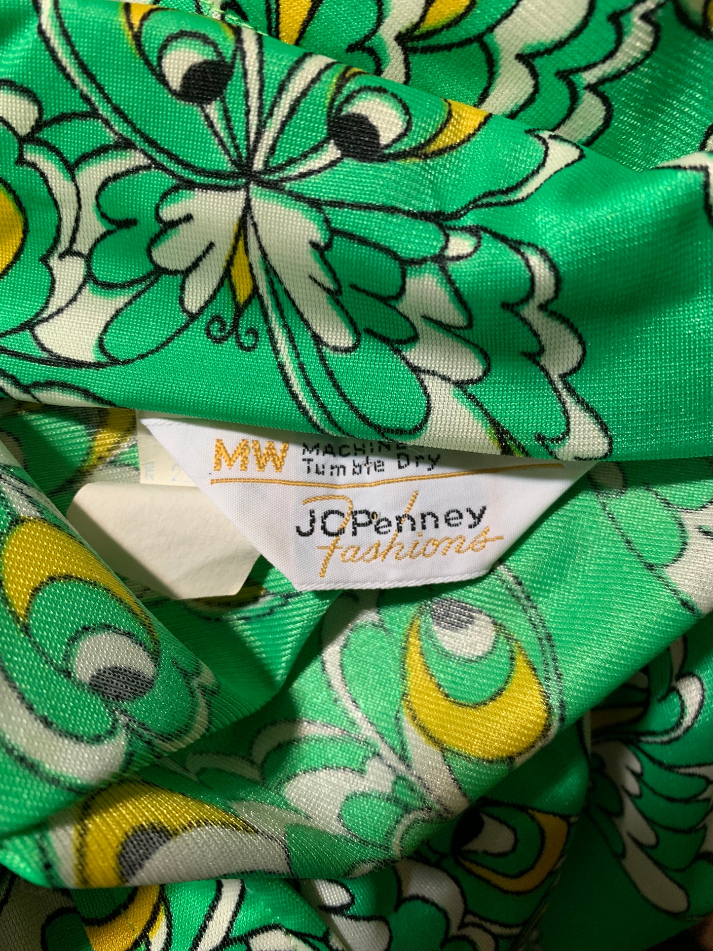 Green and Yellow Butterfly Print Jersey Poly Blouse Dagger Collar circa 1970s