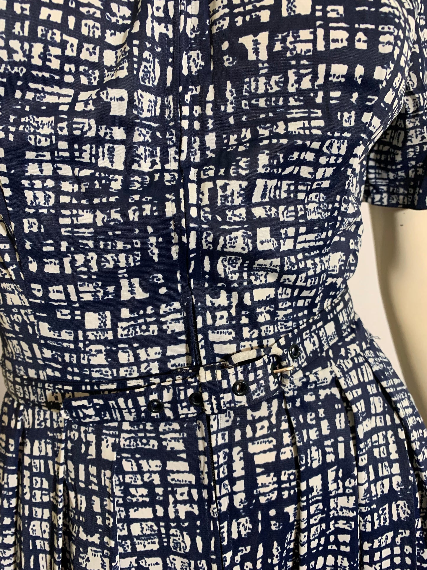 Blue and White Abstract Sketchwork Print Jersey Nylon Dress and Jacket circa 1960s