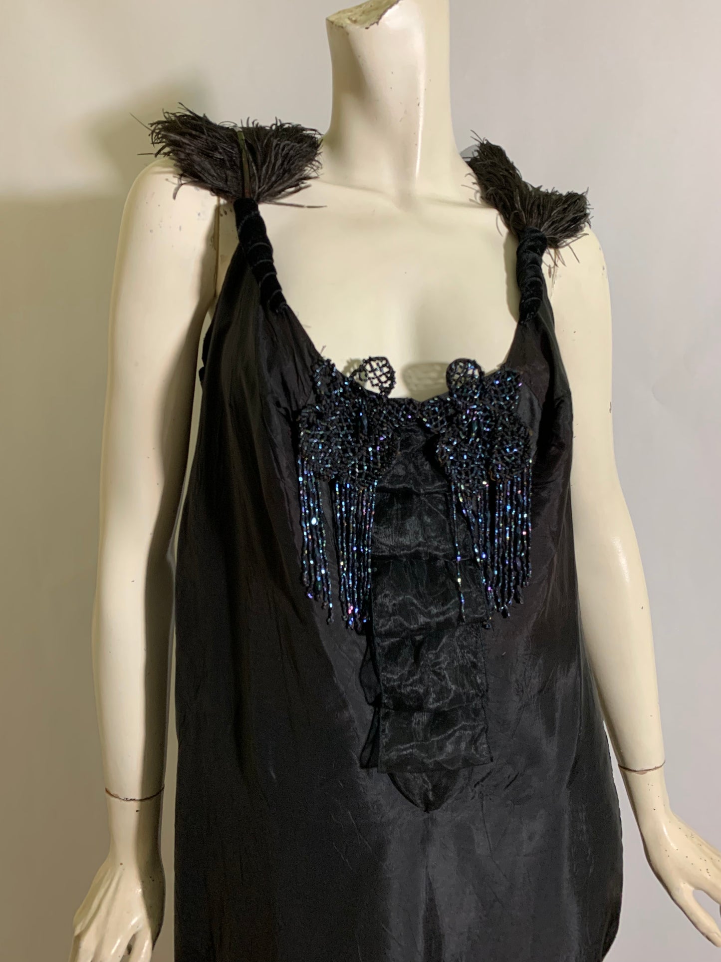 Lady Windermere Reimagined 1920s Black Silk Dress with Victorian Glass Beading Ostrich Feathers and Blue Ribbon L