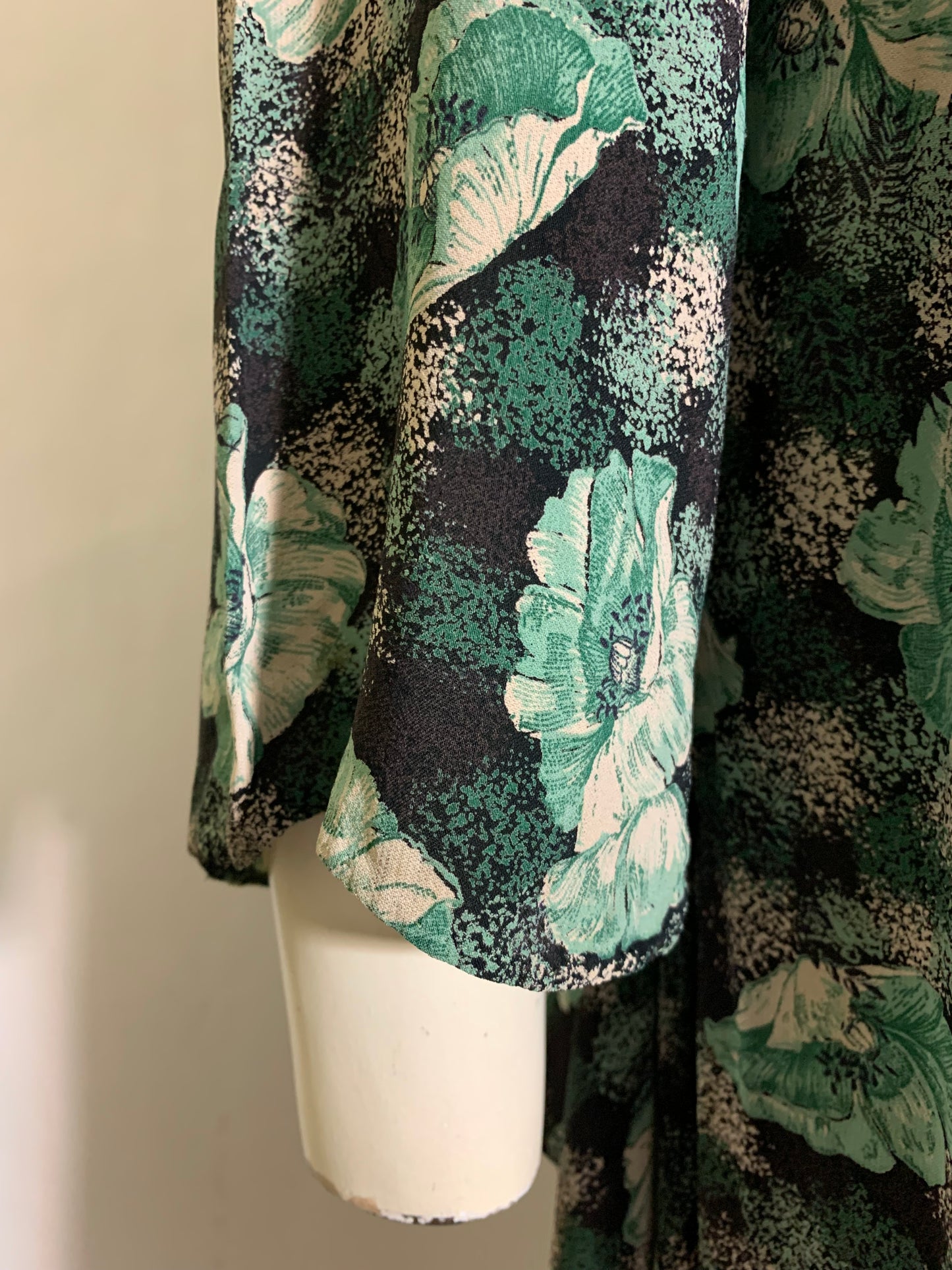 Teal and Black Floral Print Dropped Waist Dress circa 1920s