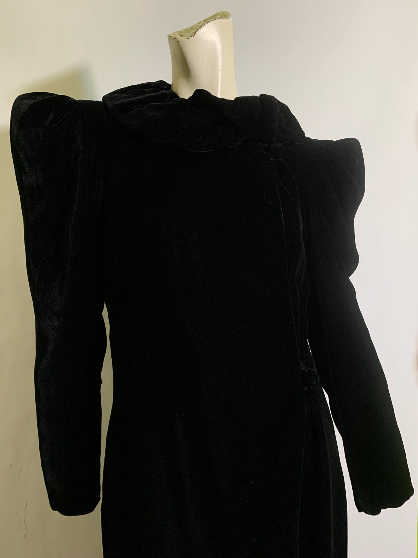 Ebony Velvet Princess Line Opera Coat with Ruffled Collar circa 1930s