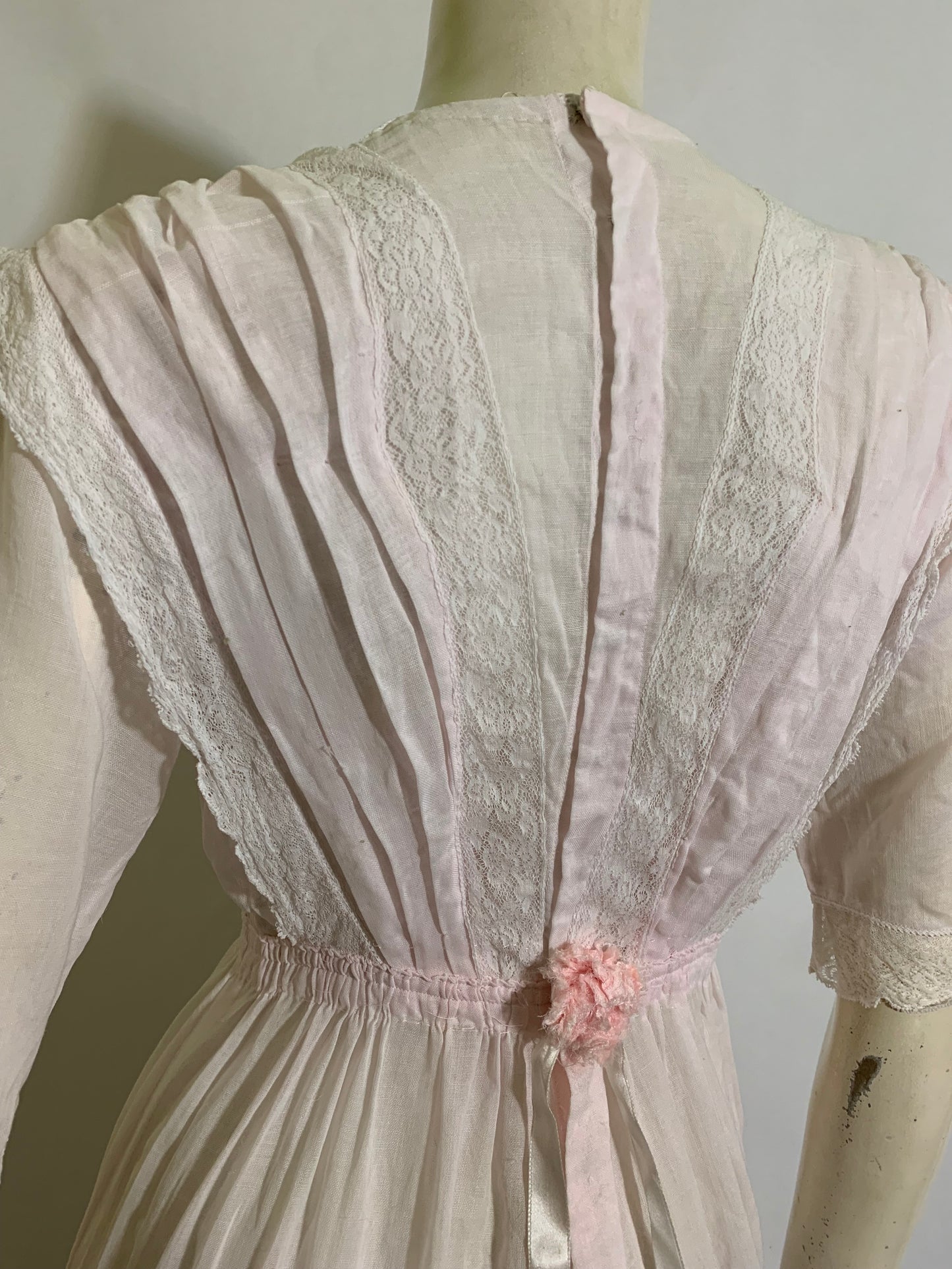 Palest Petal Pink Semi-Sheer Pink Cotton Edwardian Dress with Rosettes and Ribbon circa 1910s