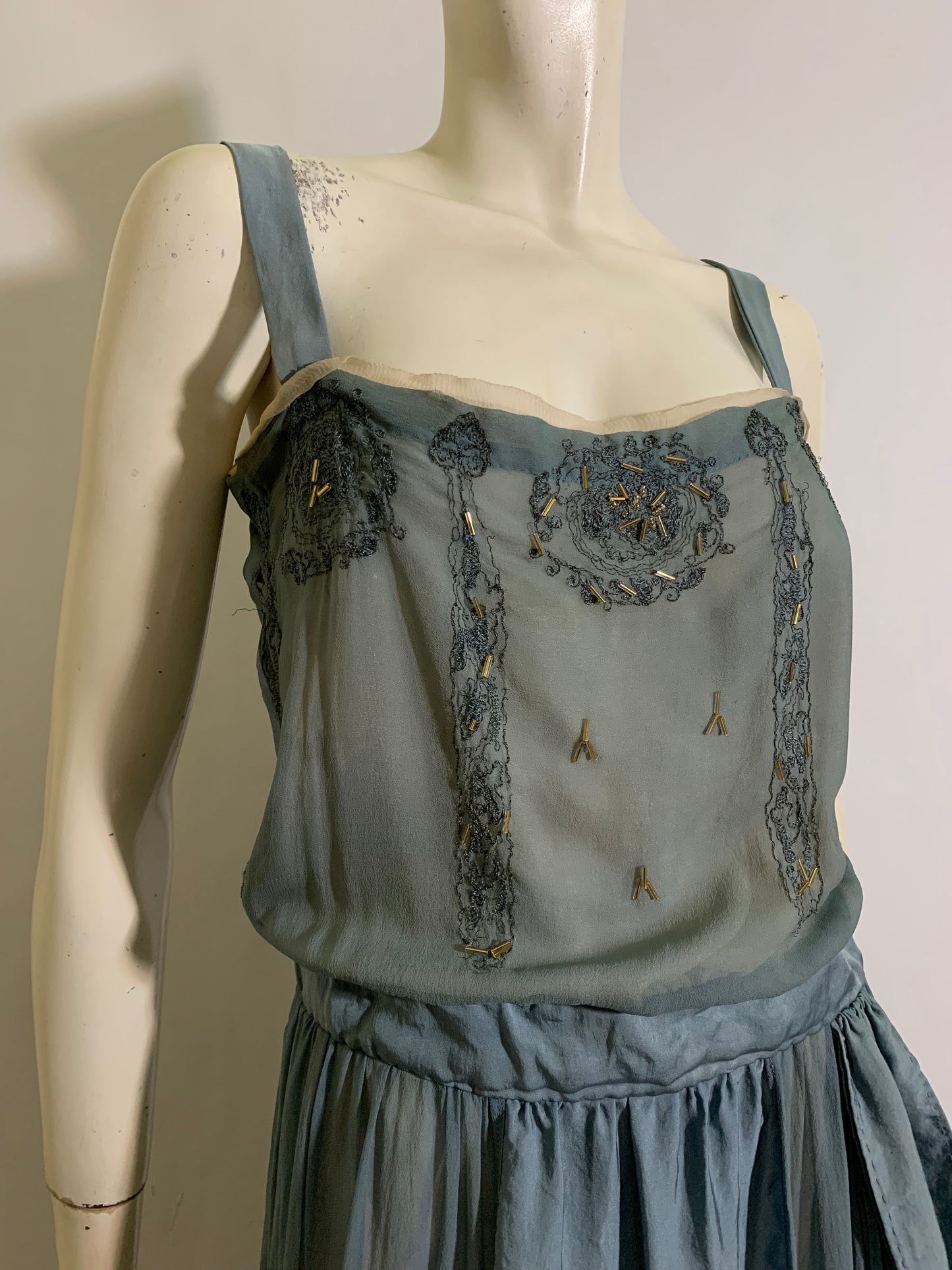 Soft Sky Blue Silk Beaded Cocktail Dress circa 1920s