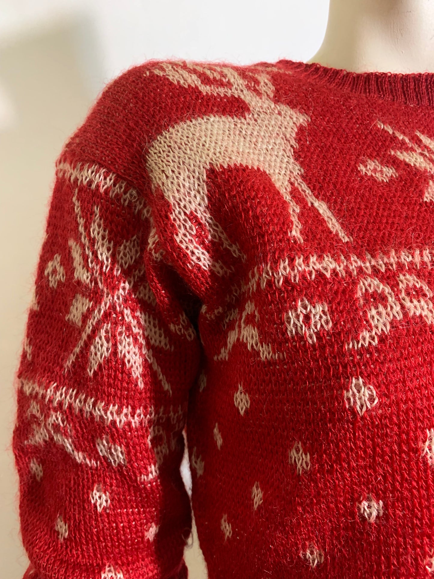 Red and White Intarsia Knit Ski Sweater with Reindeer and Bows circa 1940s