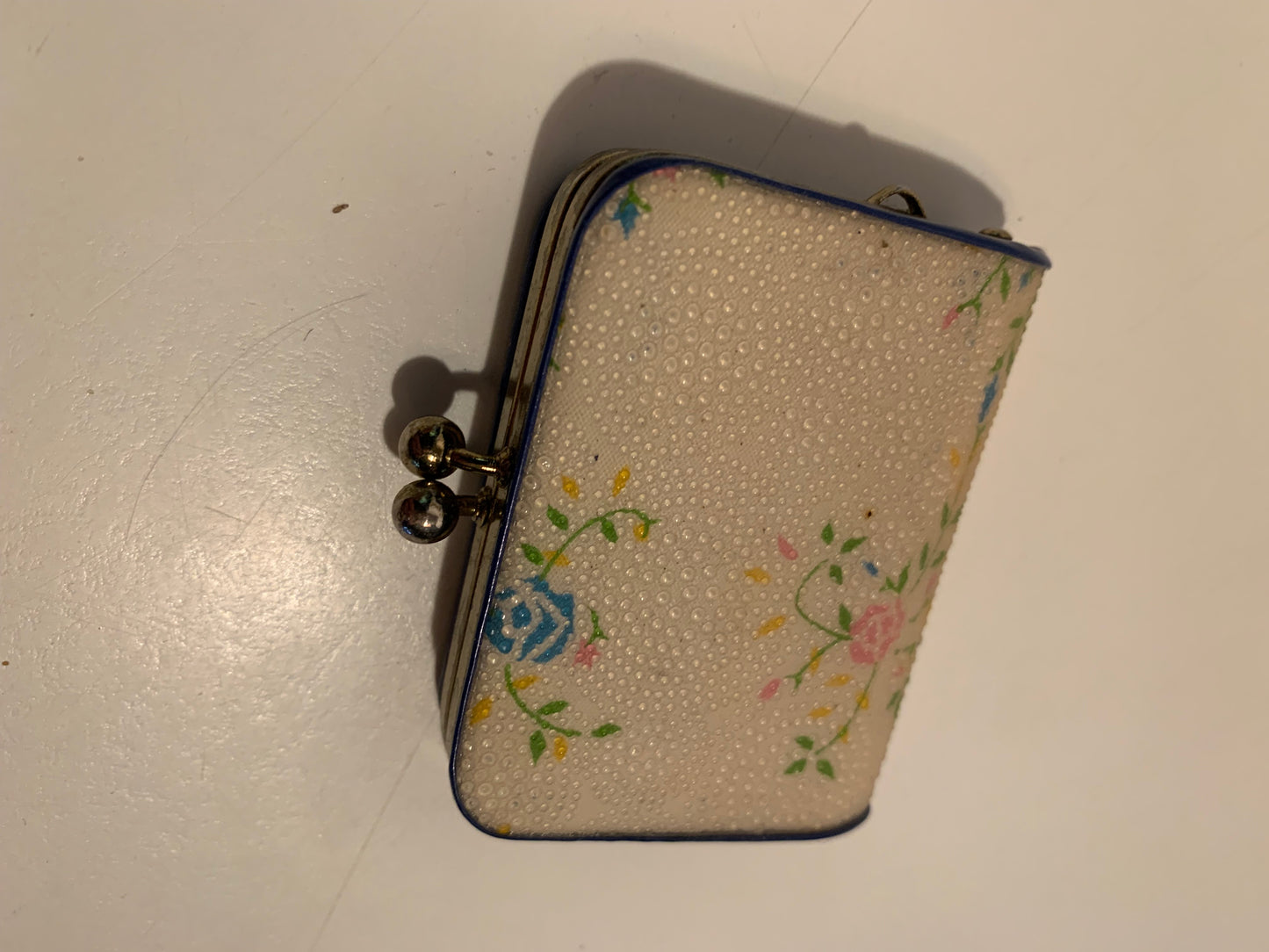 Ivory Hard Side Mini Coin Purse Pastel Flowers circa 1970s