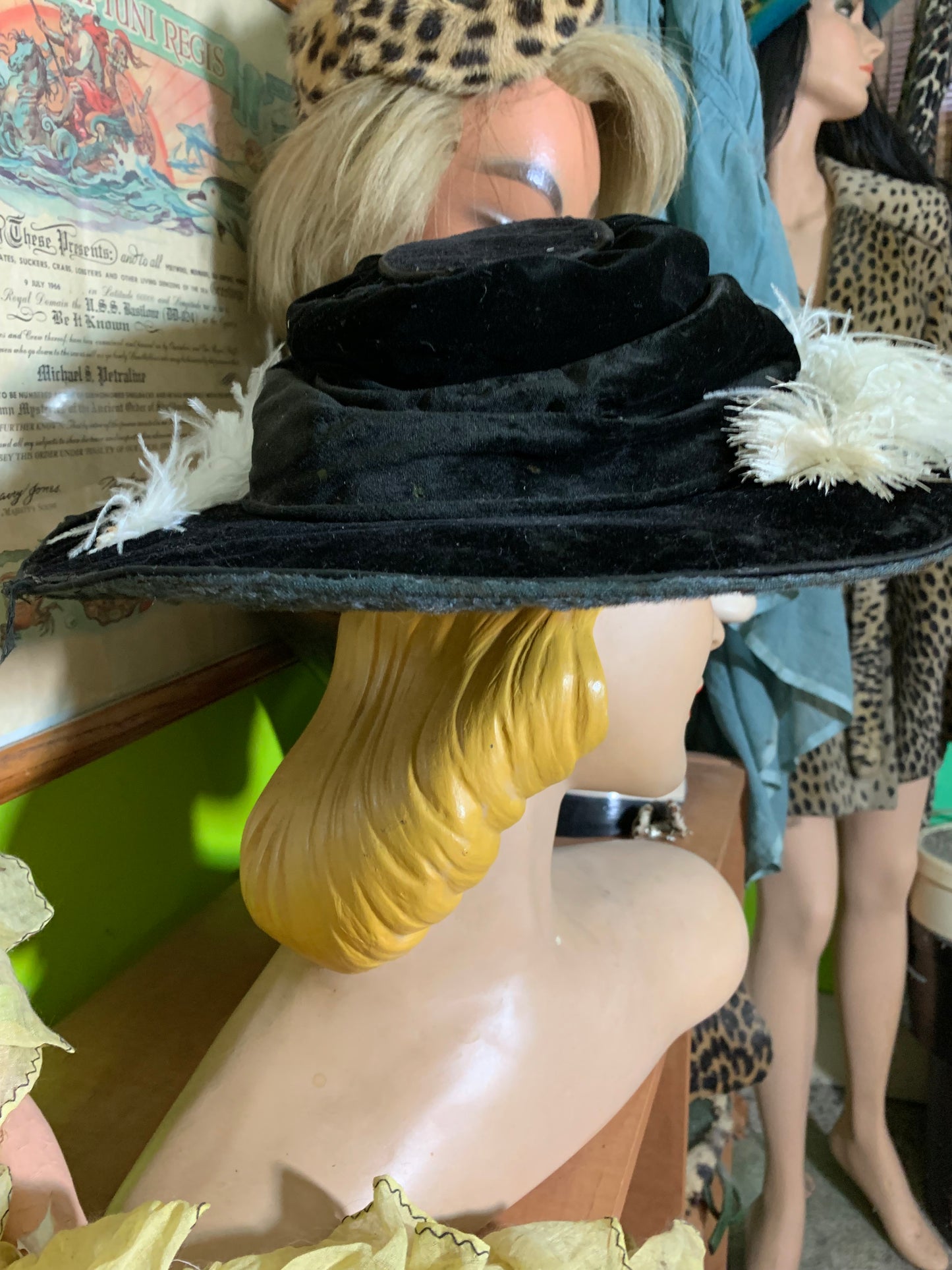 Black Velveteen Wide Brim Hat with Feather circa 1910s