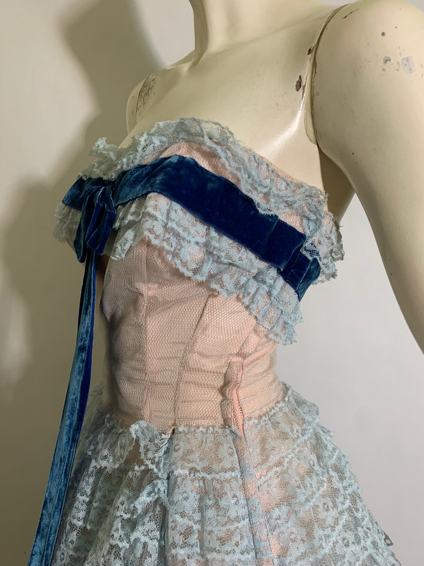 Baby Blue Lace and Tulle Strapless Party Dress Blue Velvet Ribbon circa 1960s