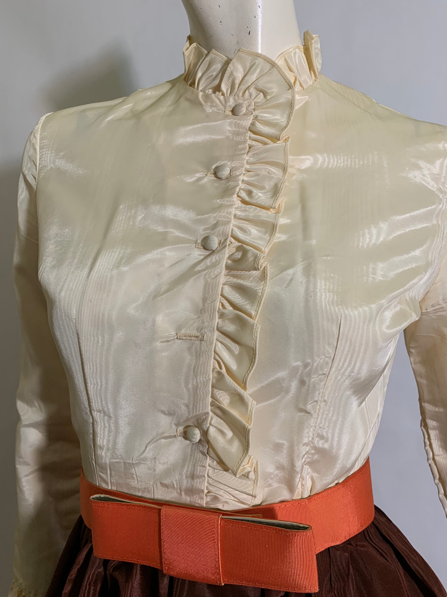 Moire Taffeta Brown and Ivory Mini Dress with Orange Bow Belt circa 1970s