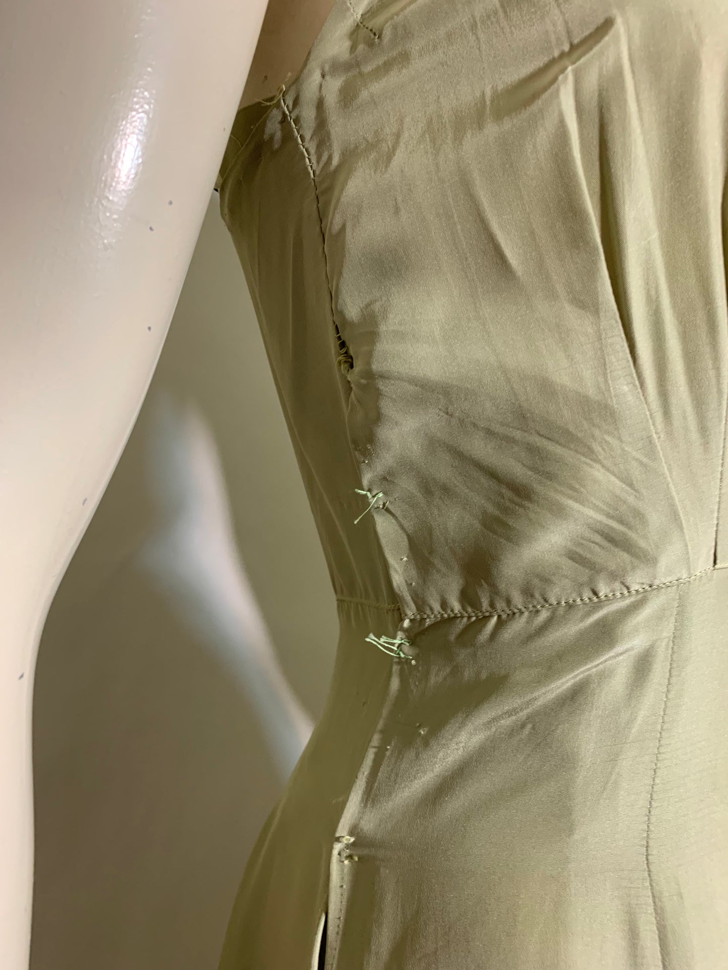 Bruise Violet Reimagined 1930s Sage Silk Dress with Violet Metallic Ribbon Straps and Flower Accent