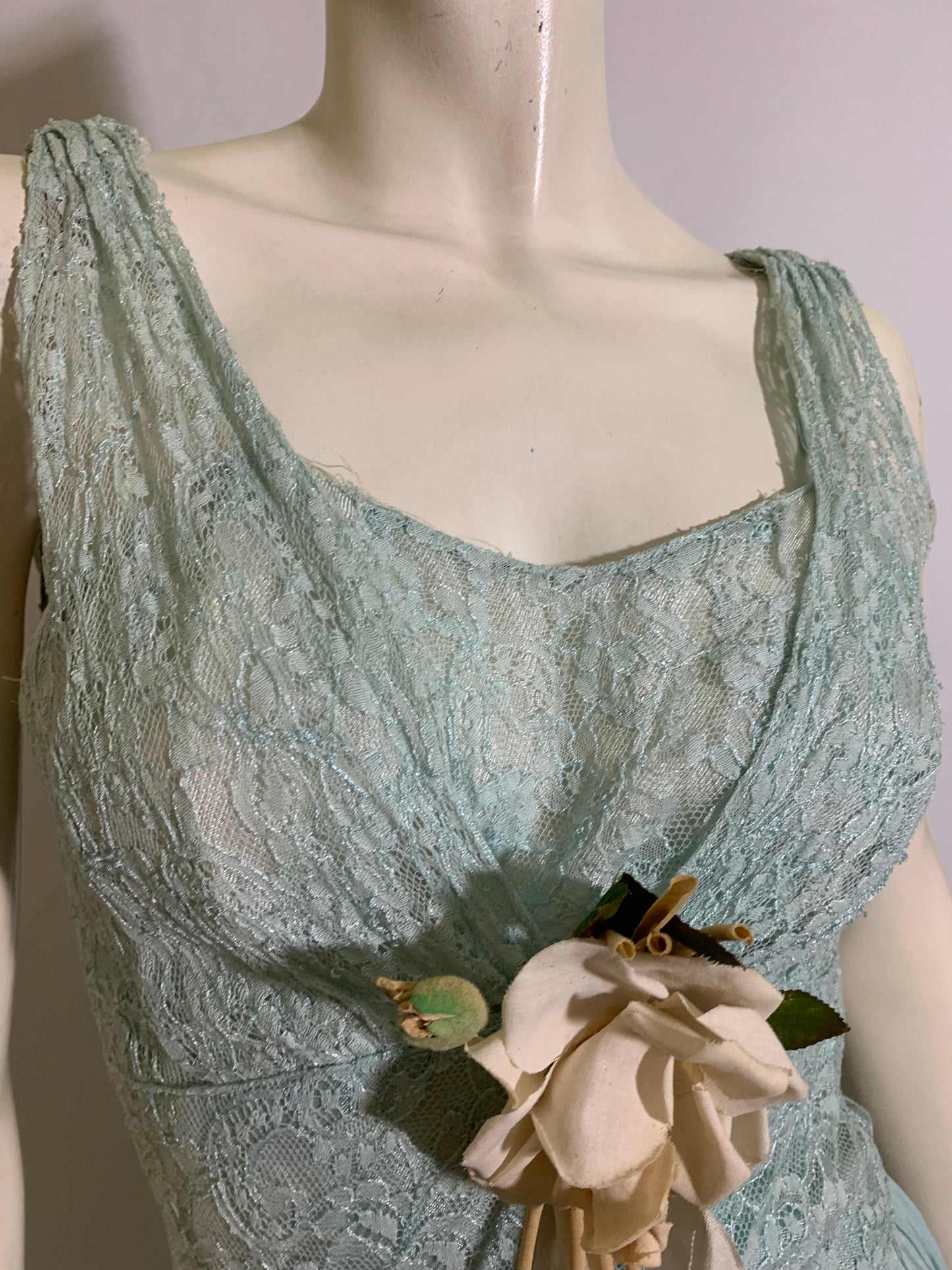 Sky Blue Lingerie Inspired Evening Gown with Roses circa 1940s