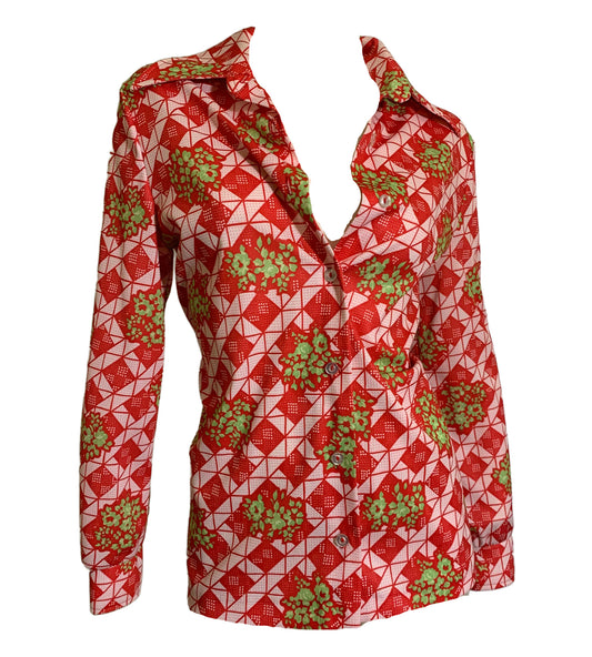 Red and Green Hydrangea Print Polyester Blouse circa 1970s