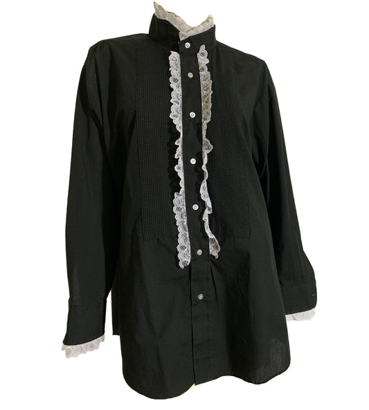 Black and White Lace Ruffled Front Shirt circa 1980s