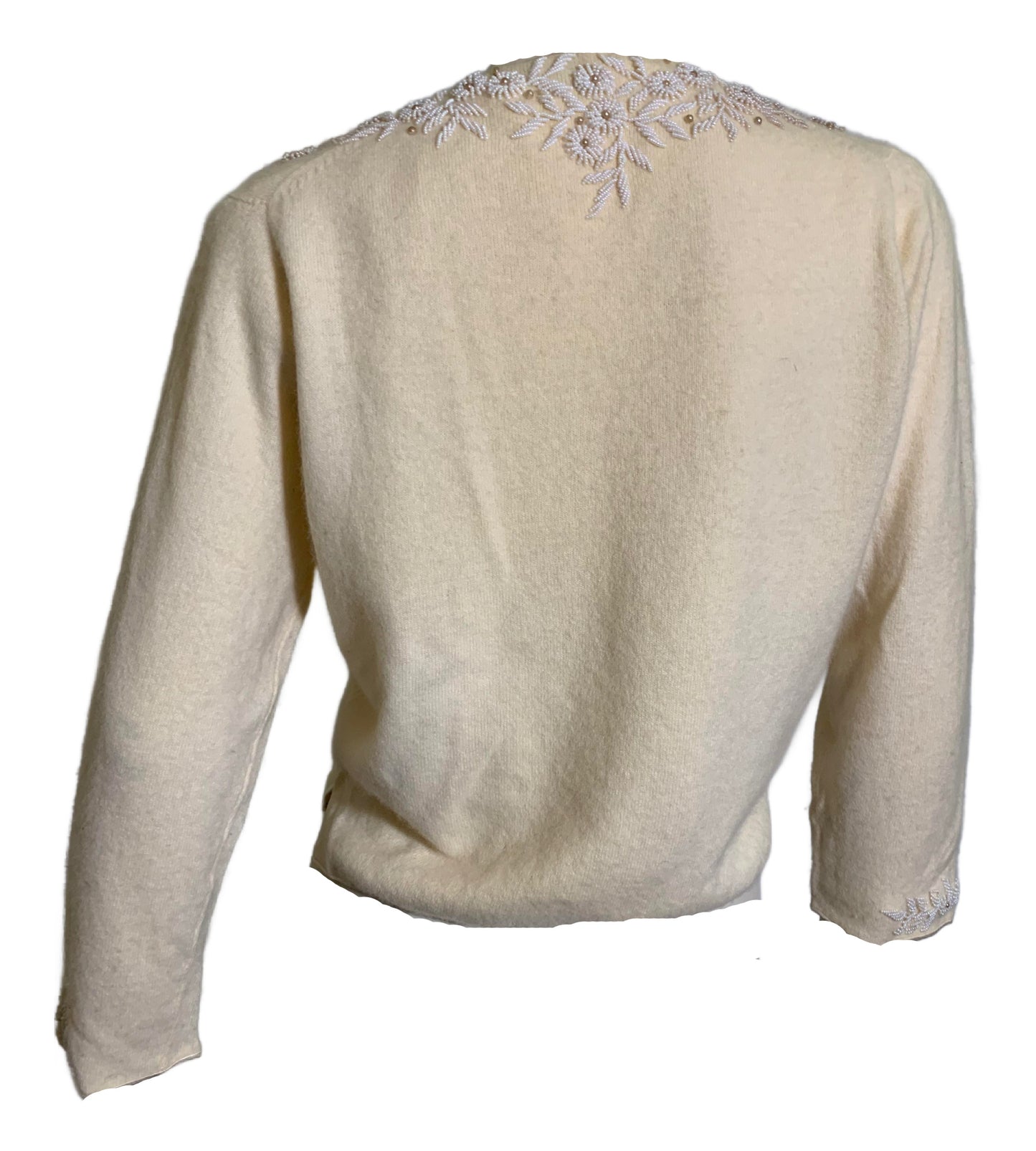 Soft Ivory Cashmere Faux Pearl Beaded Button Front Cardigan Sweater circa 1960s