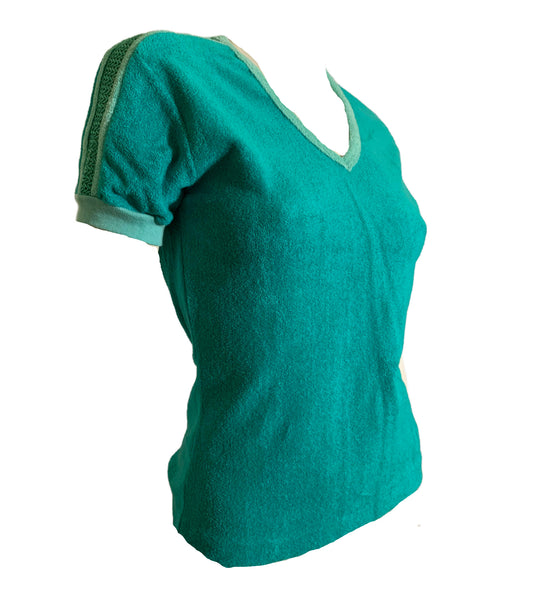 Teal Knit V Neck Shirt with Mesh Shoulders circa 1980s