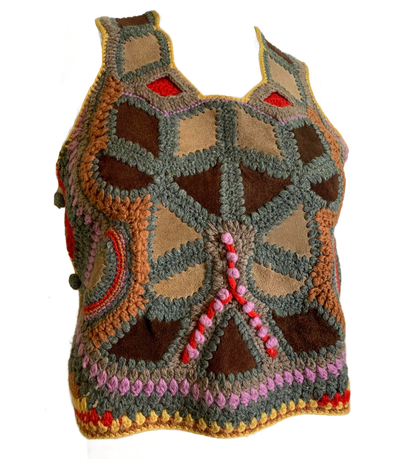 Bohemian Crocheted Leather and Suede Button Side Vest circa 1970s Halston
