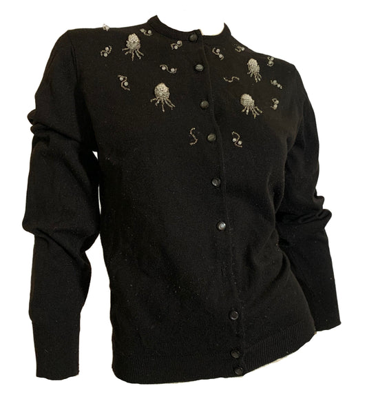 Jellyfish Beaded Black Button Down Cardigan Sweater circa 1950s