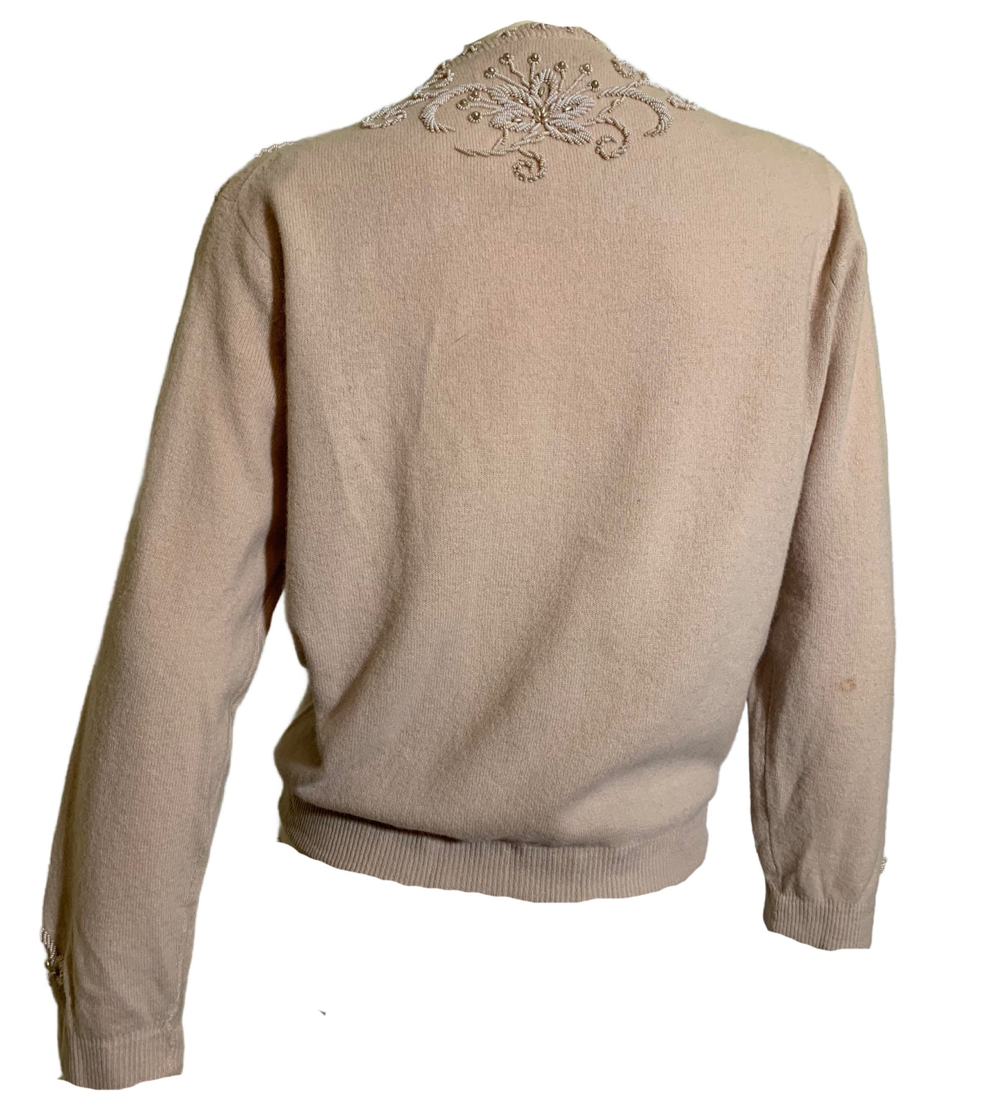 Oyster Cashmere Faux Pearl Beaded Button Front Cardigan Sweater circa 1960s
