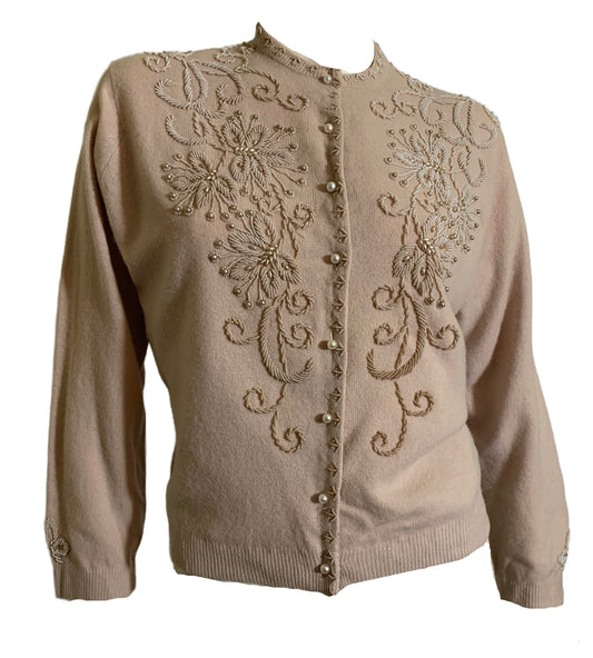 Oyster Cashmere Faux Pearl Beaded Button Front Cardigan Sweater circa 1960s