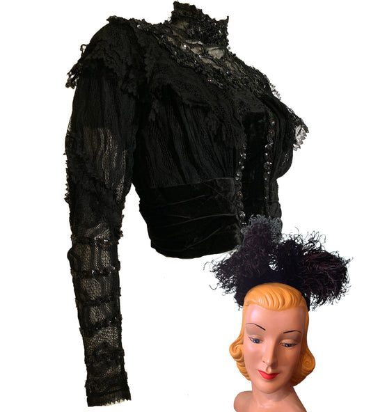 Sequined Black Lace & Velvet Long Sleeved Bodice and Feather Hat circa 1890s