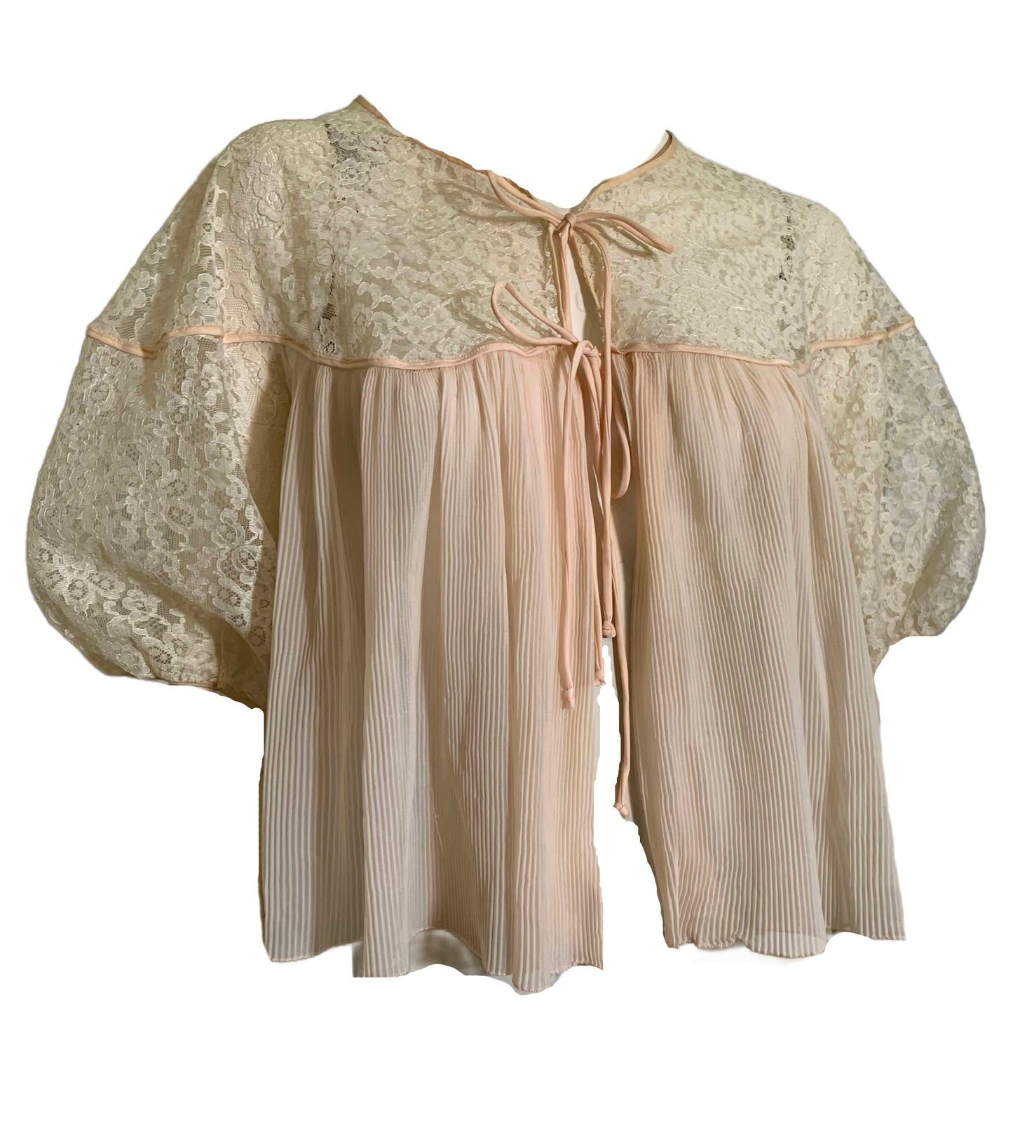 Sheer Peach Pleated Puff Sleeve Bed Jacket circa 1960s