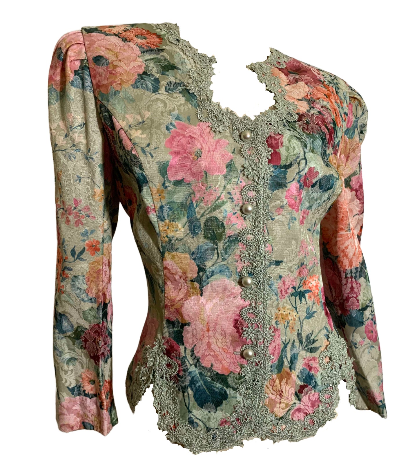 Victorian Inspired Pastel Floral Weave Sculpted Jacket circa 1980s