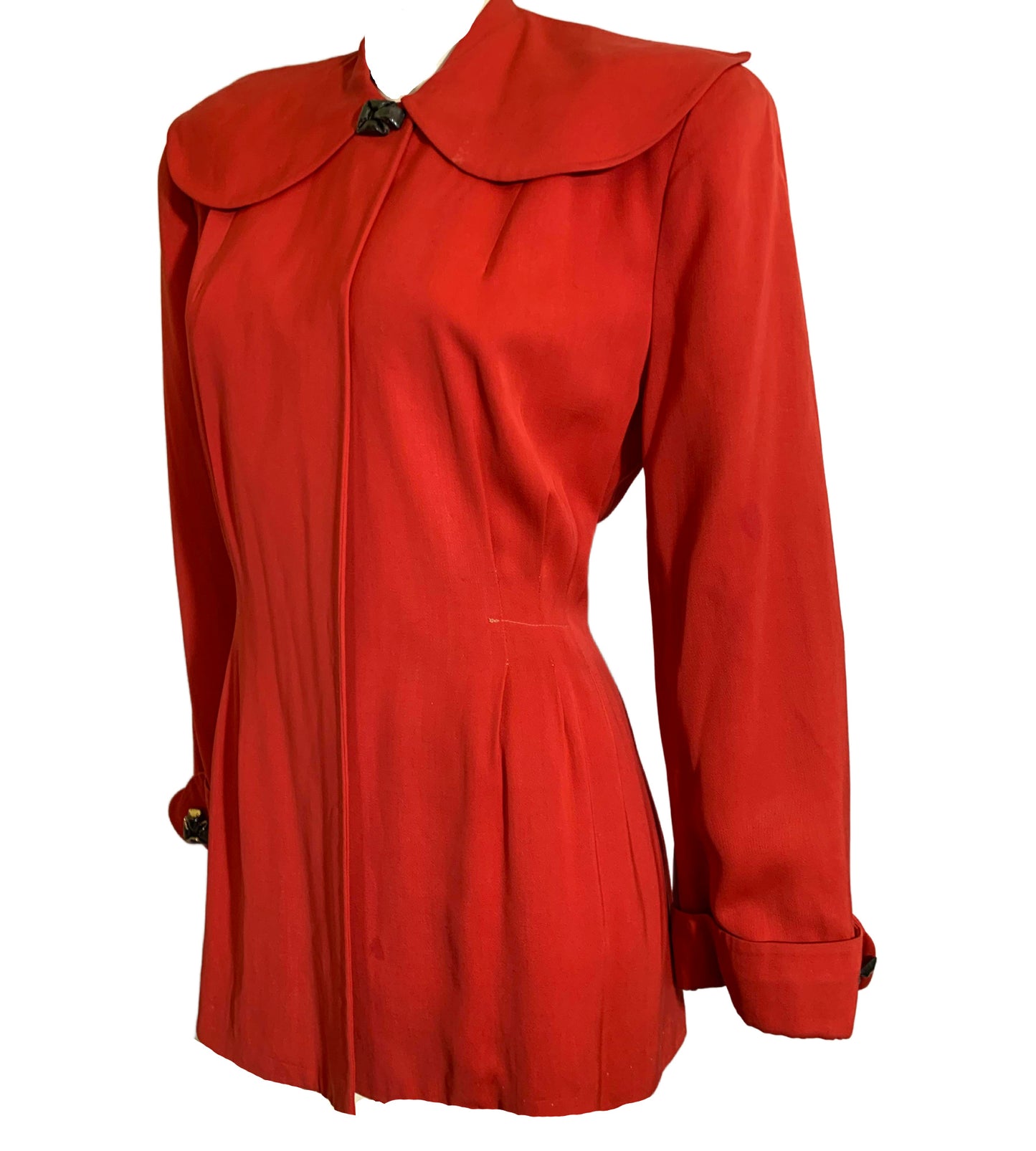 Apple Red Rayon Suit Jacket with Round Collar circa 1940s