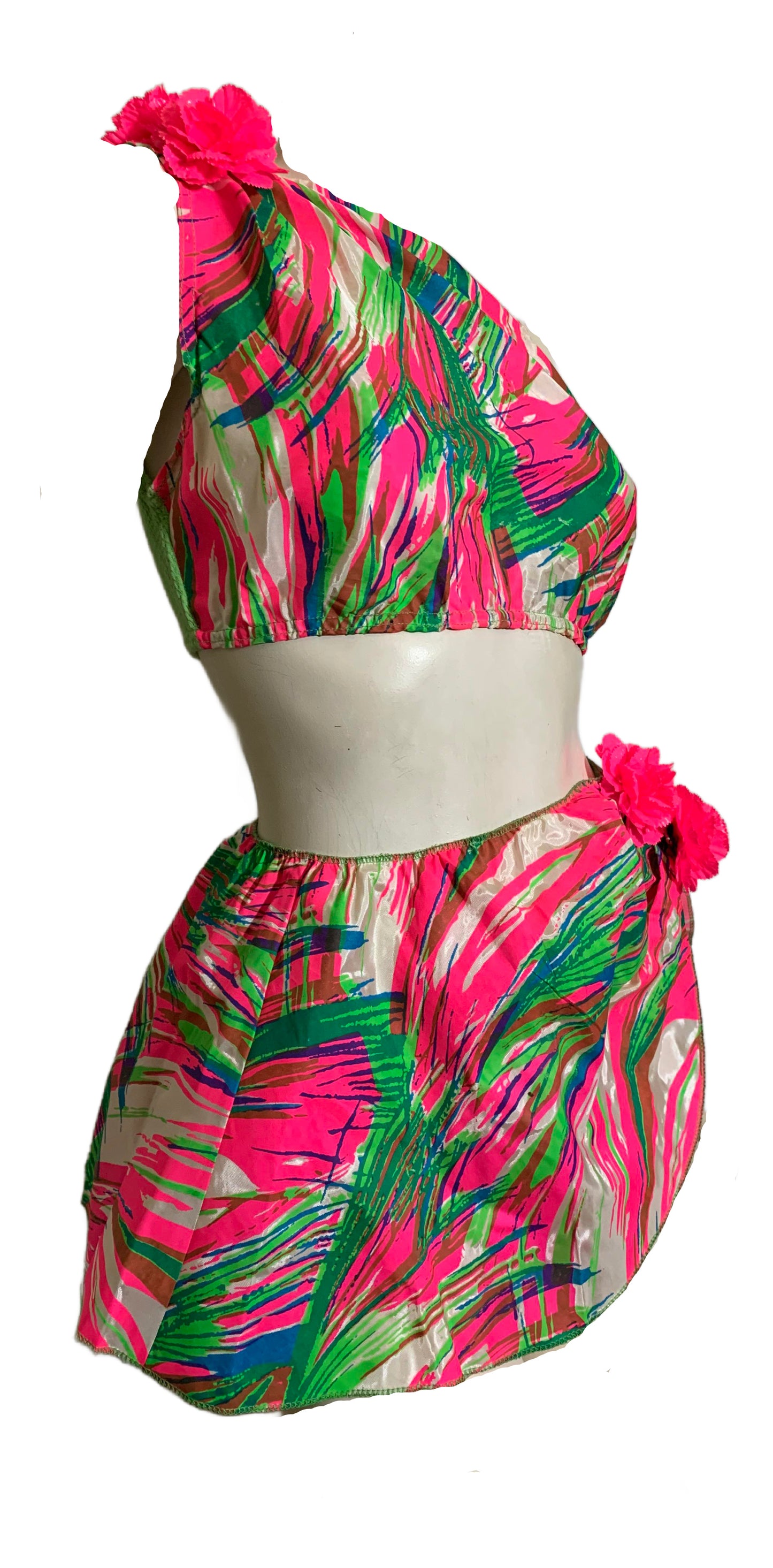Tropical Art Print One Shoulder Top and Micro Mini Sarong Skirt Stage Ensemble circa 1960s