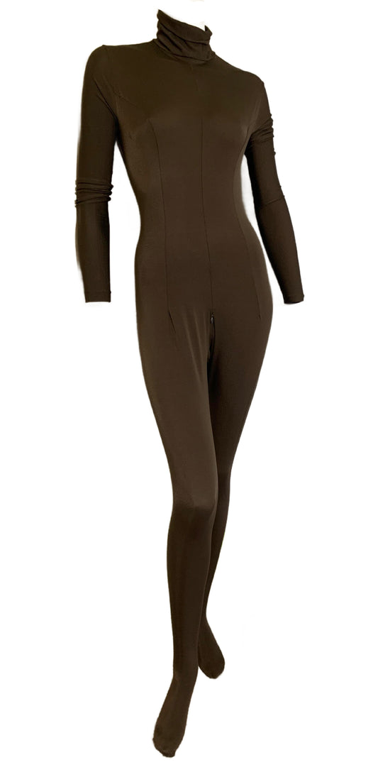 Cocoa Brown High Collar Long Sleeved Full Body Catsuit circa 1960s