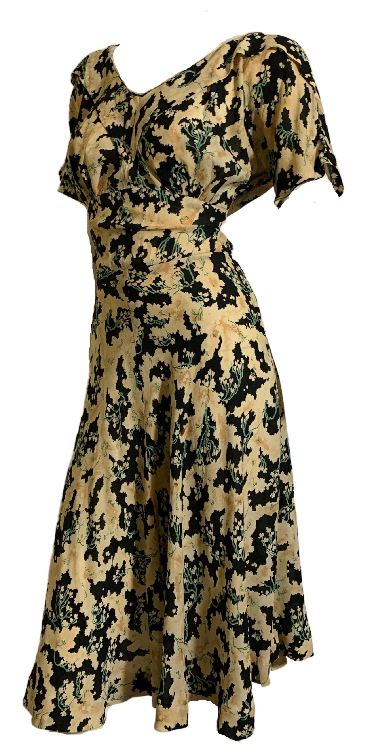 Asian Floral Print Silk Dress and Jacket Set with Bow Tie Collar circa 1930s