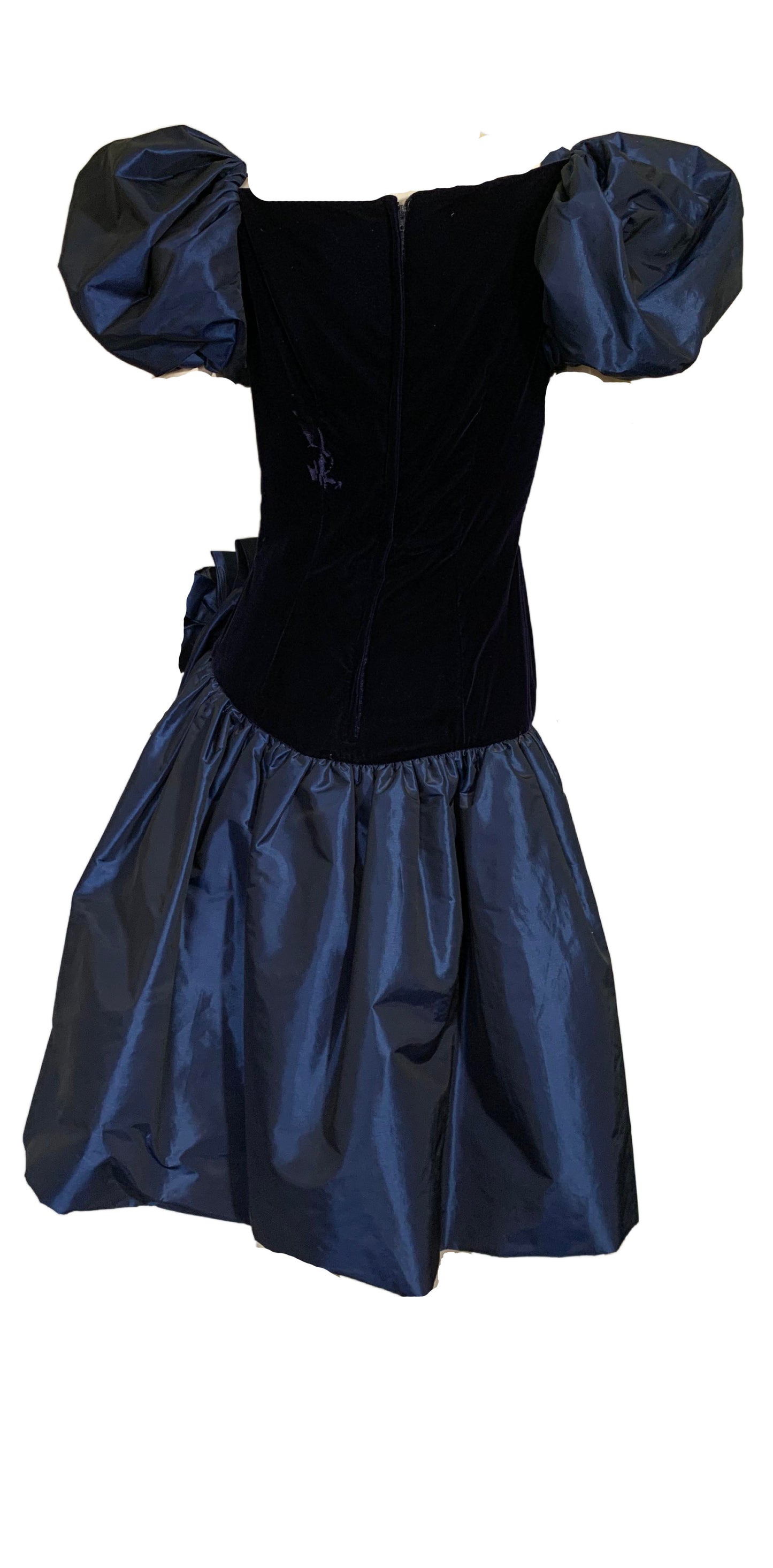 Deep Blue Changeable Taffeta and Velvet Puff Sleeve Dress circa 1980s